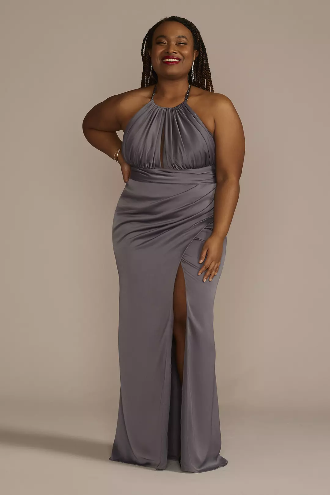 Chain Halter Satin Keyhole Sheath Dress - Image 3