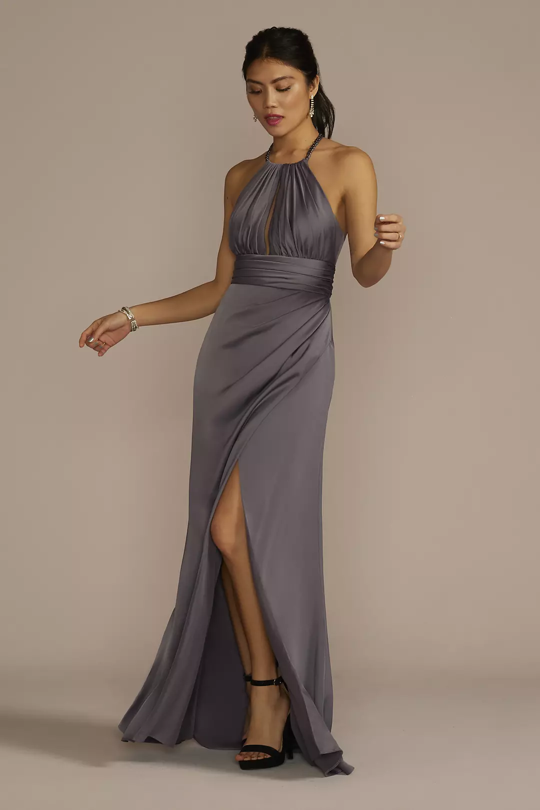 Chain Halter Satin Keyhole Sheath Dress - Image 5