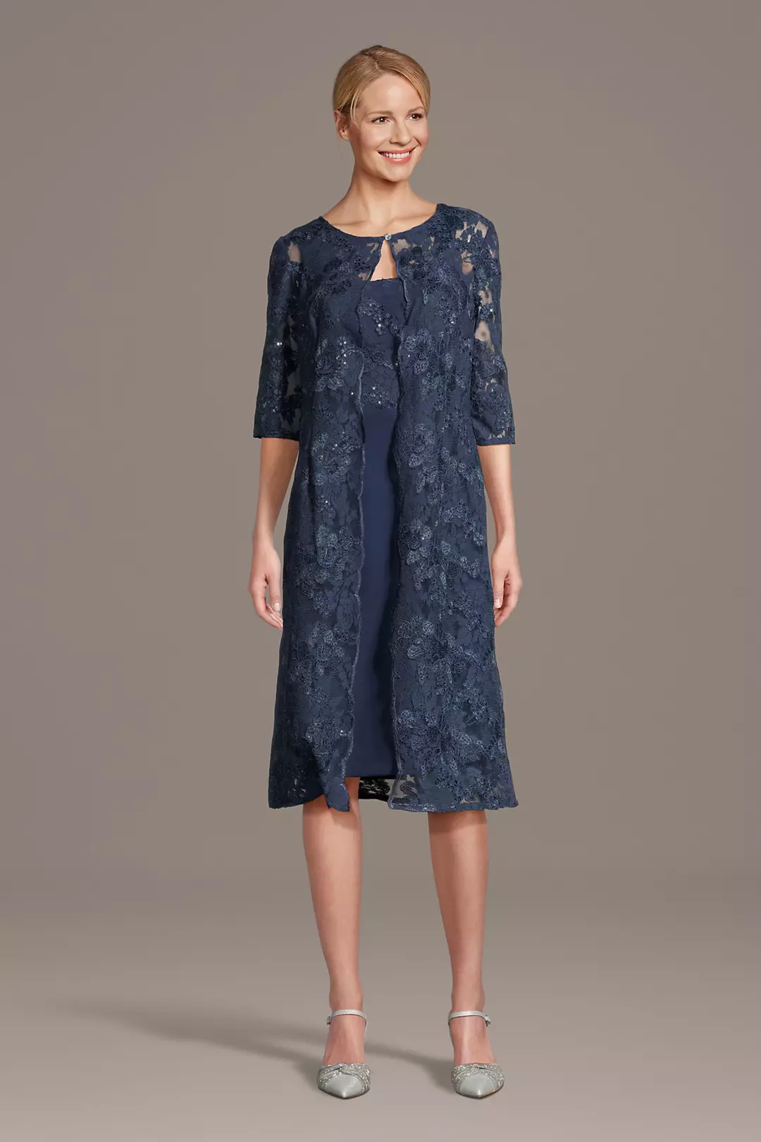 Crepe Sheath Dress with Coordinating Lace Jacket - Image 3