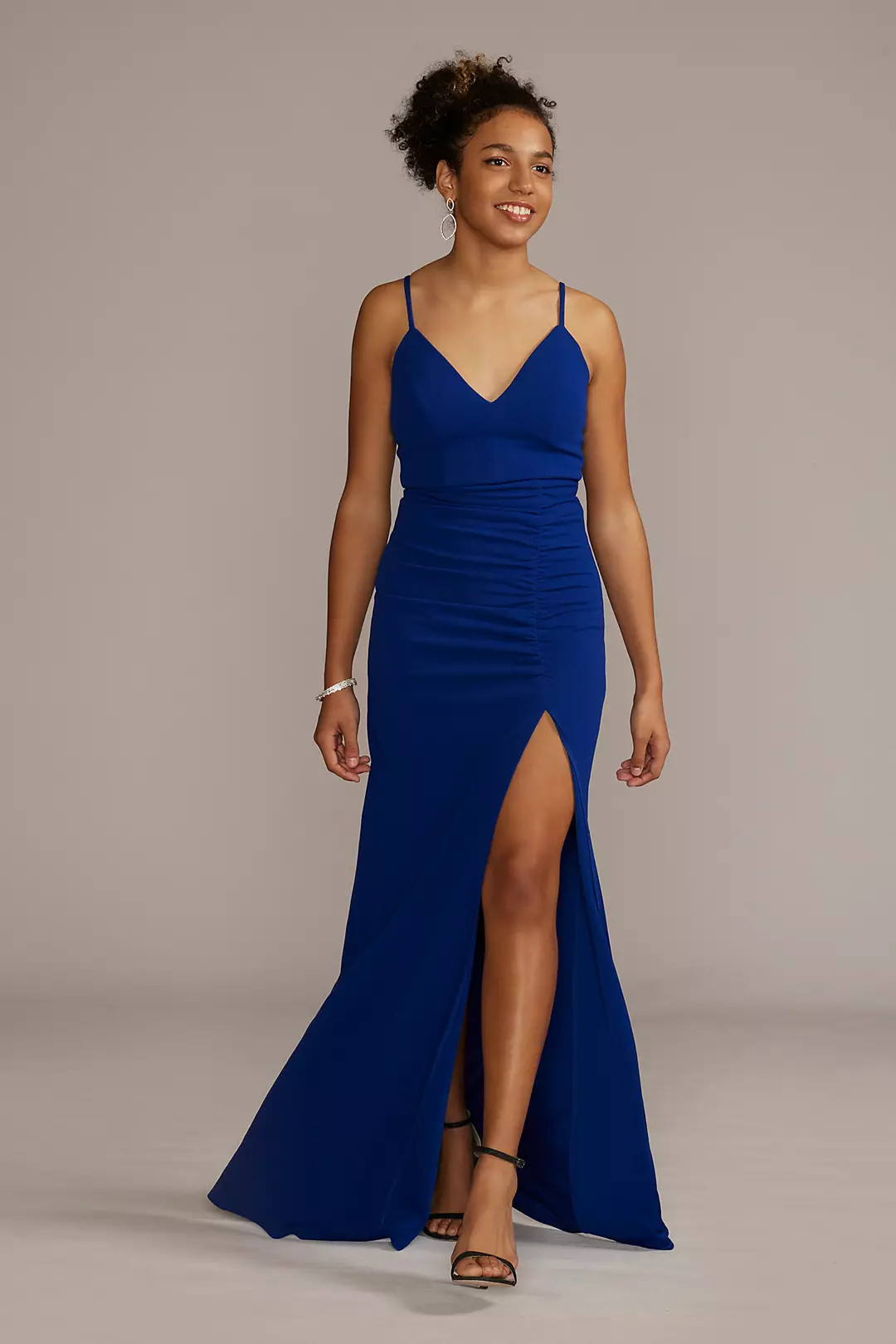 Crepe Spaghetti Strap Gown with Ruching - Image 31