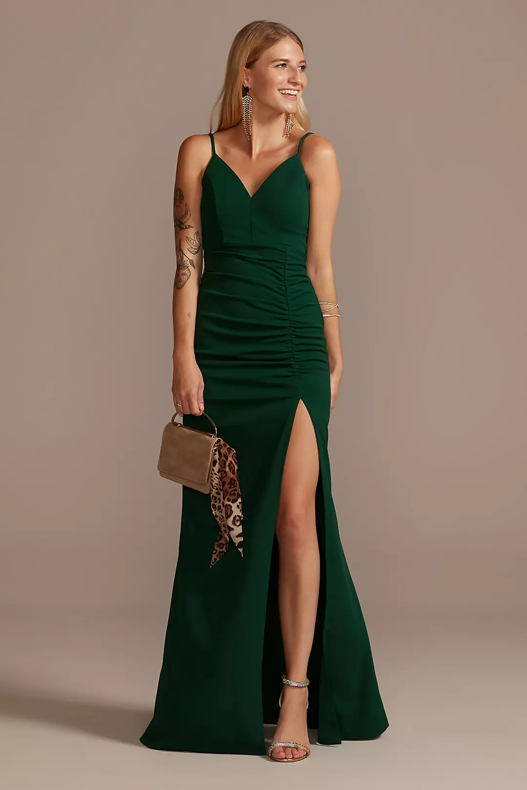 Crepe Spaghetti Strap Gown with Ruching - Image 5