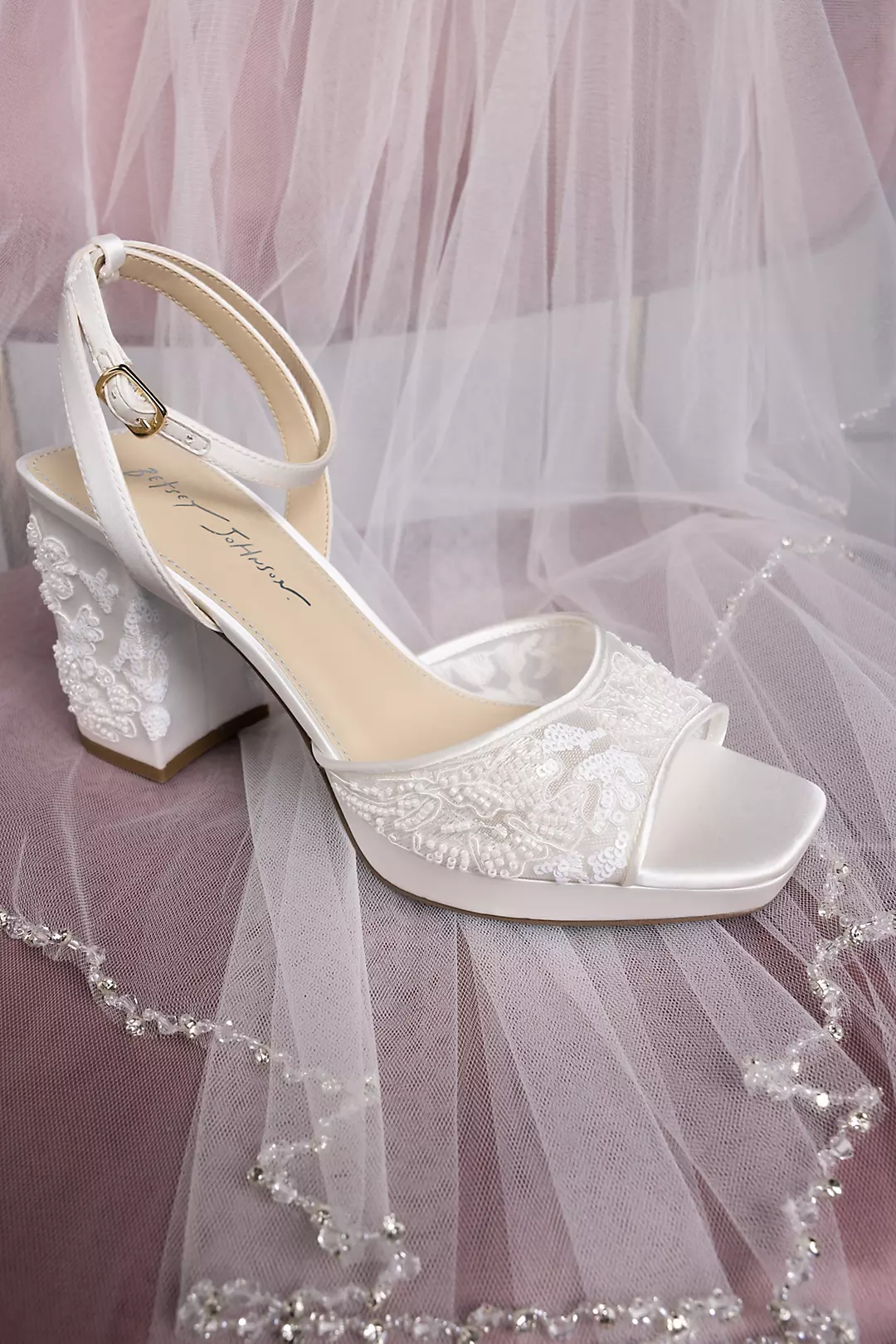 Floral Beaded Satin Block Heel Sandals - Image 4