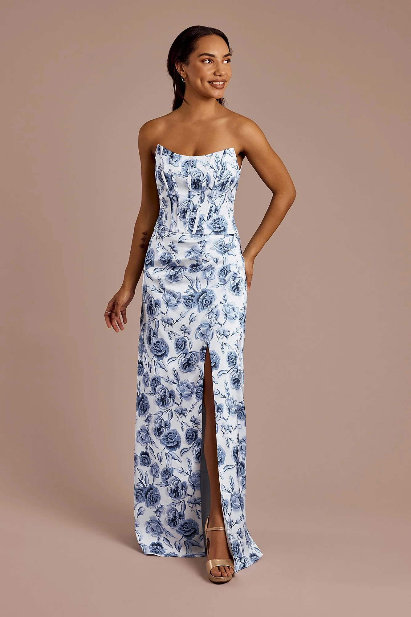 Floral Matte Satin Sculpted Bodice Corset Dress - Image 6