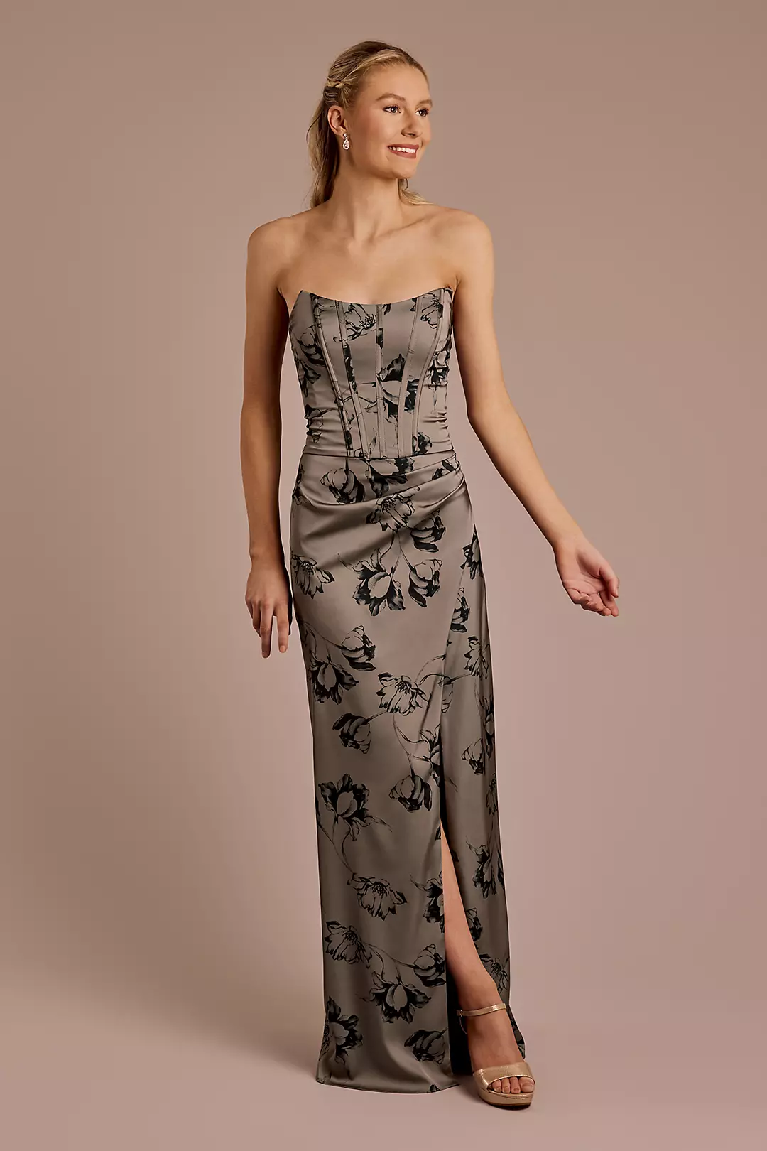 Floral Matte Satin Sculpted Bodice Corset Dress - Image 8