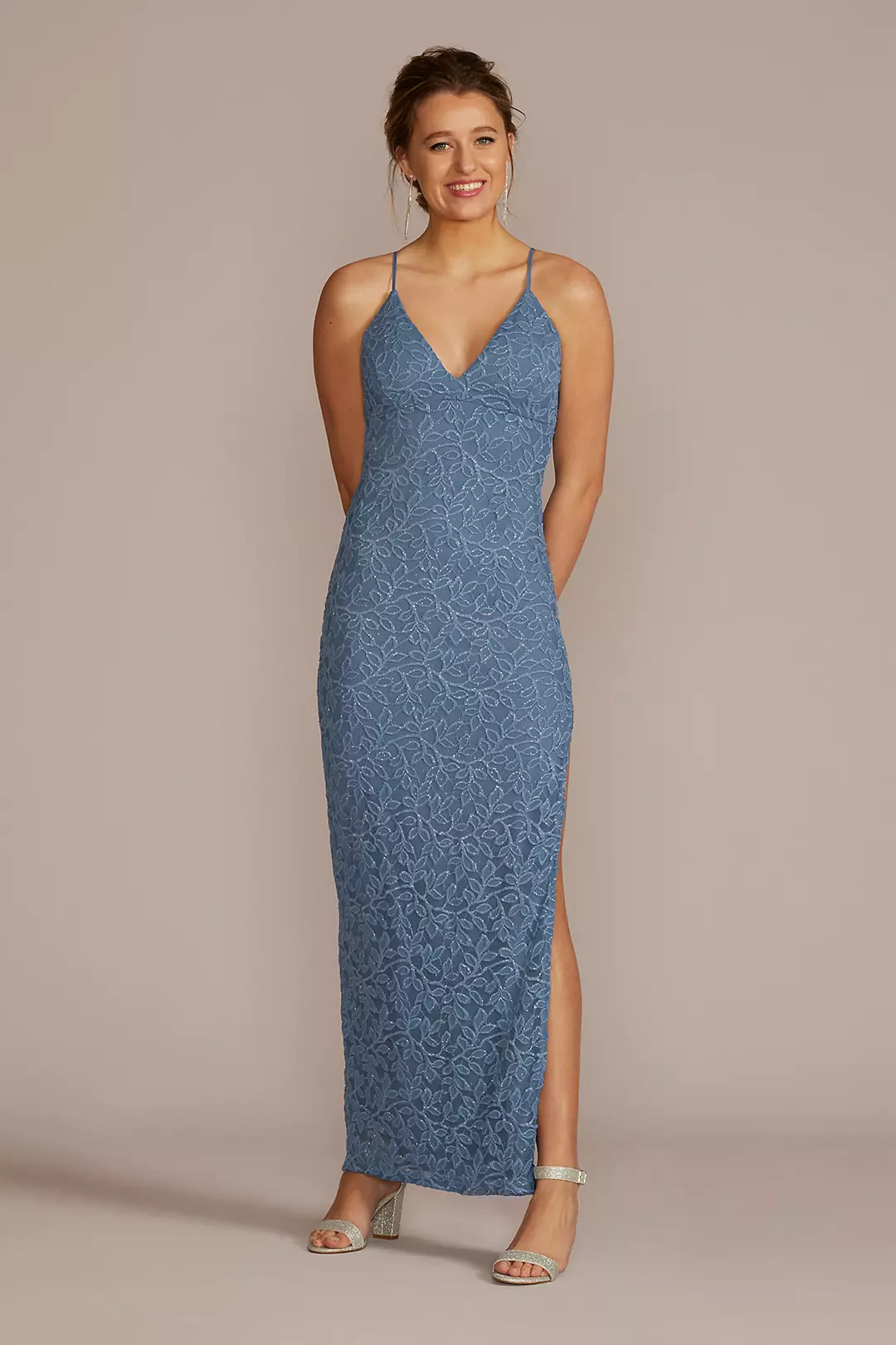 Glitter Stretch Lace V-Neck Sheath Gown - Image 3