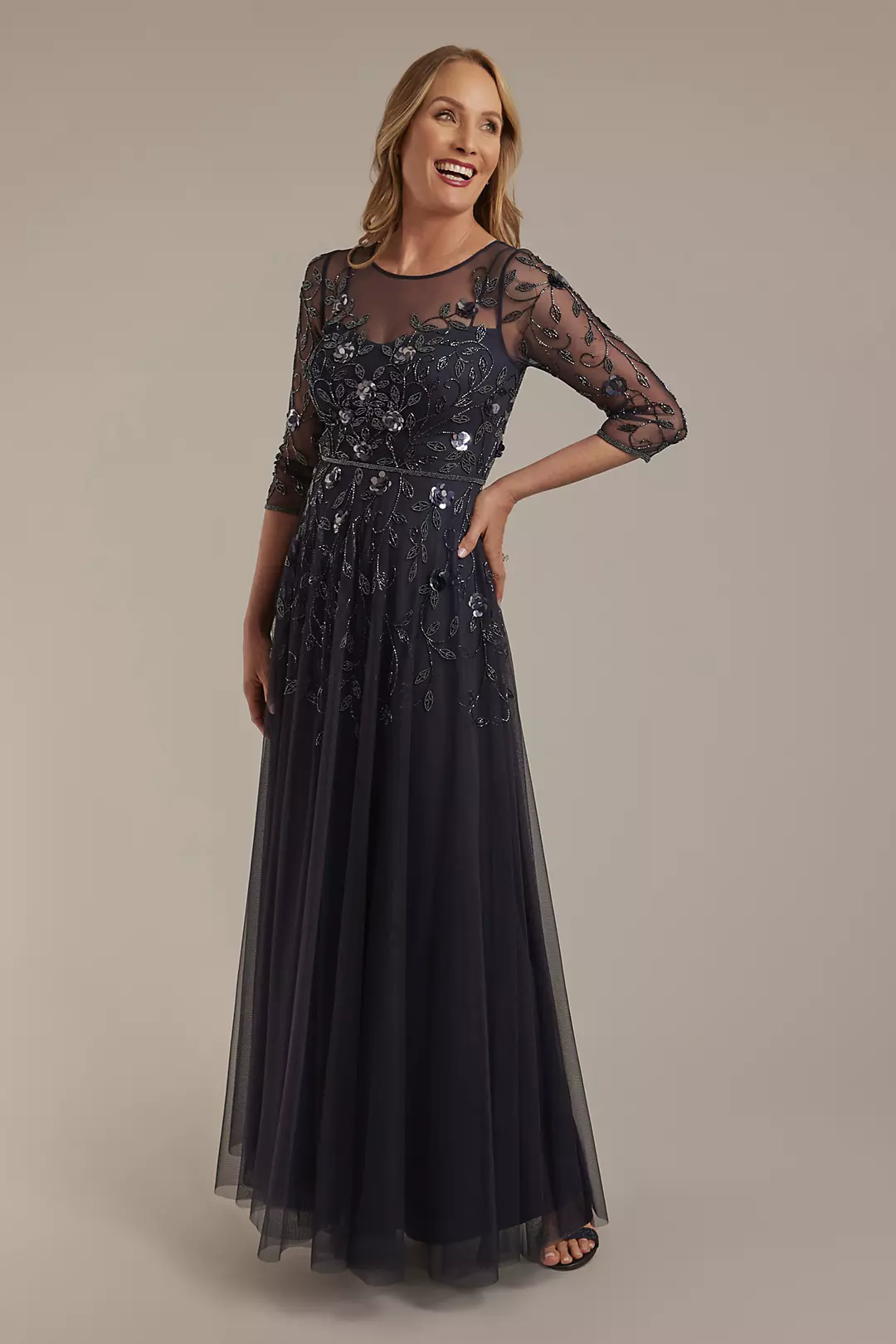 Illusion Long-Sleeve Beaded A-Line Dress - Image 3