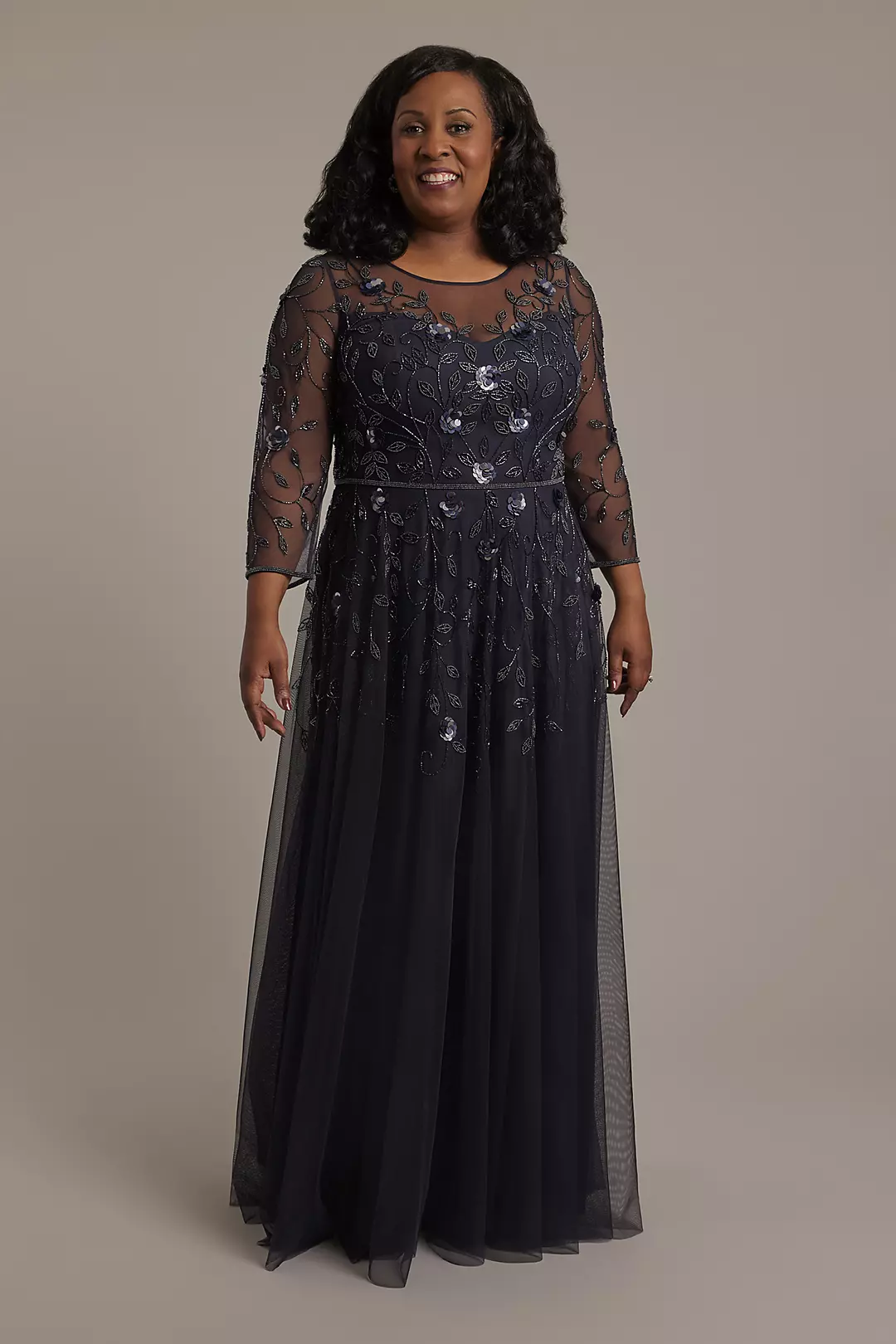 Illusion Long-Sleeve Beaded A-Line Dress - Image 6