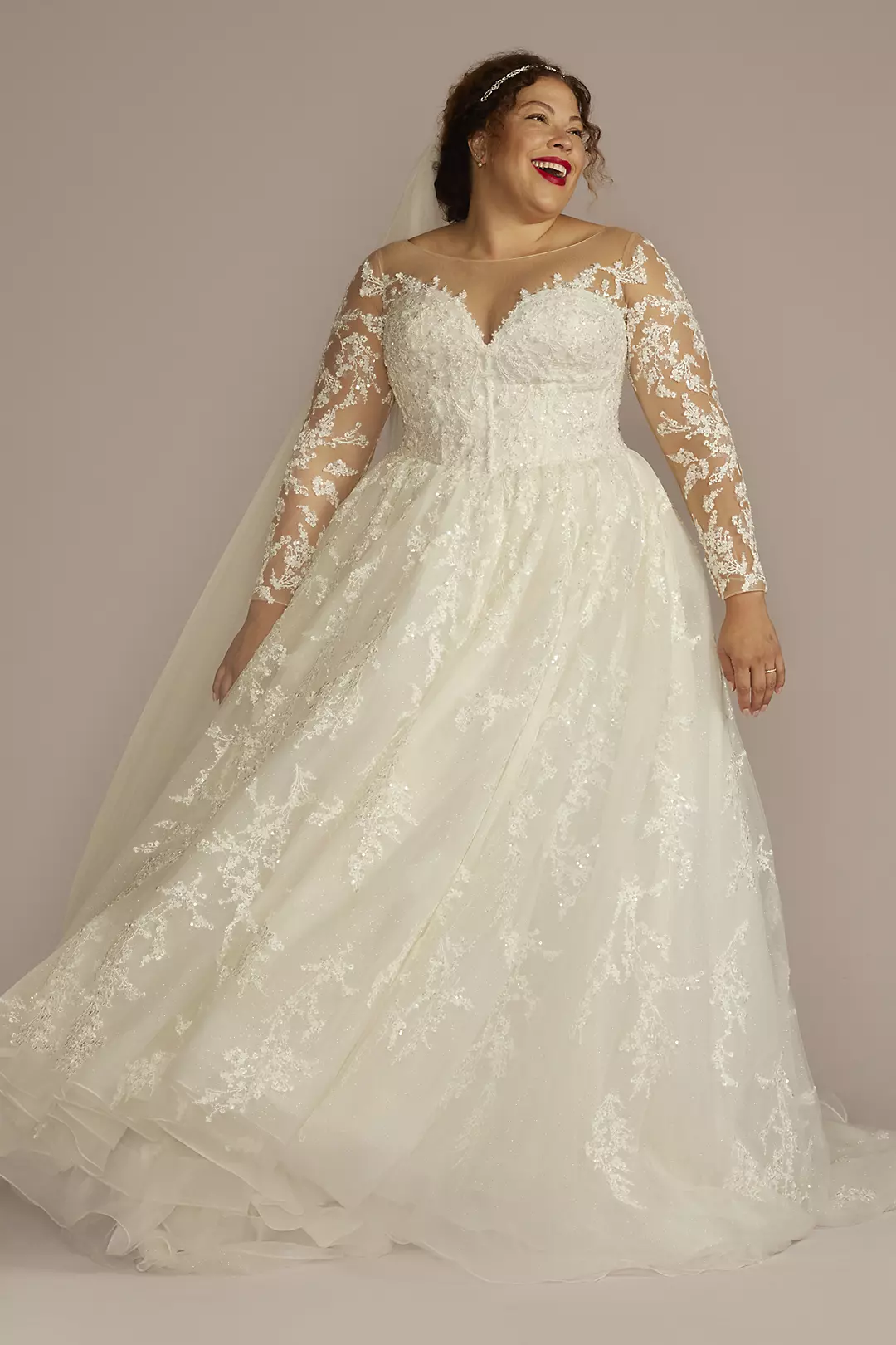 Lace Appliqued Illusion Long Sleeve Wedding Dress - Image 5