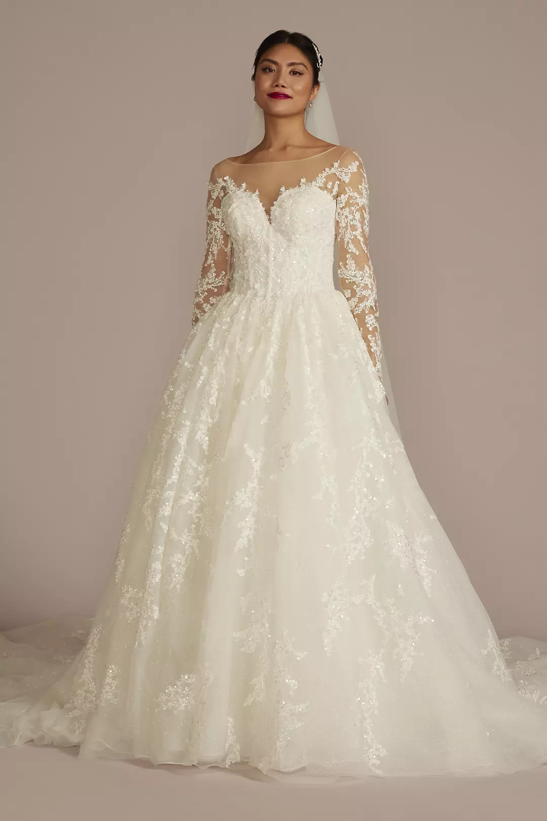 Lace Appliqued Illusion Long Sleeve Wedding Dress - Image 6