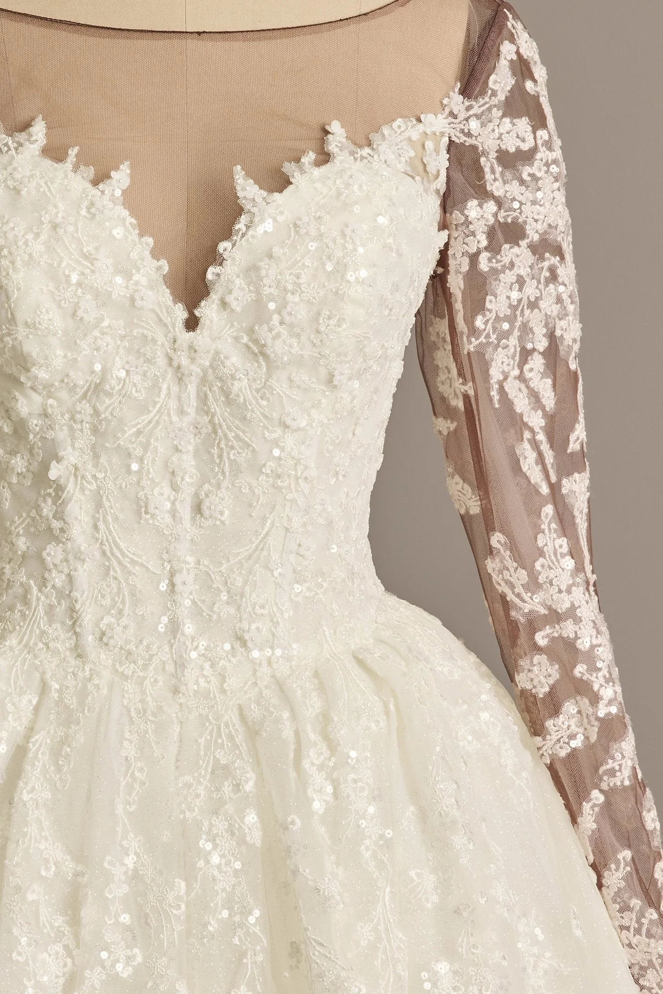 Lace Appliqued Illusion Long Sleeve Wedding Dress - Image 9
