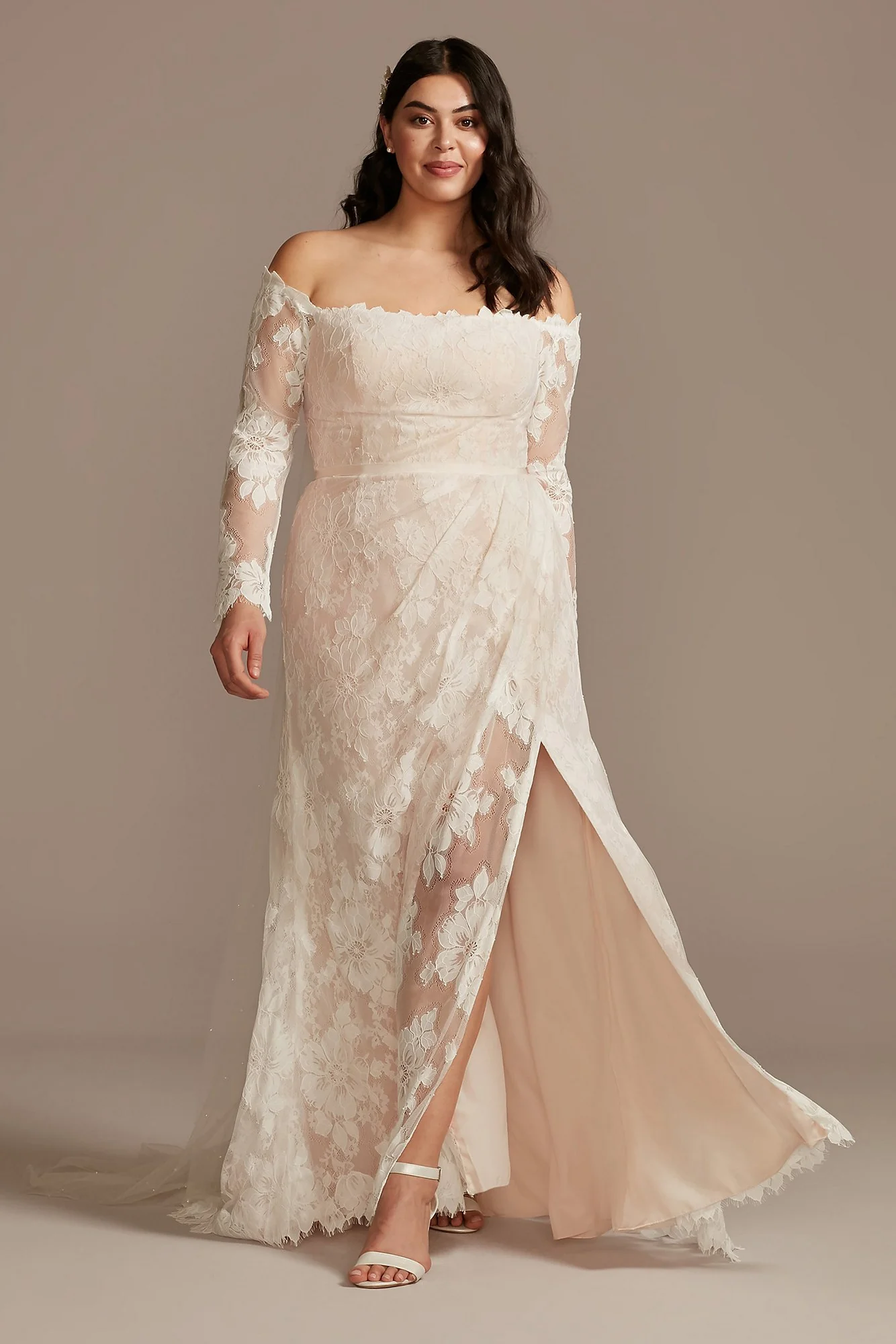 Large Floral Lace Long Sleeve Wedding Dress - Image 6