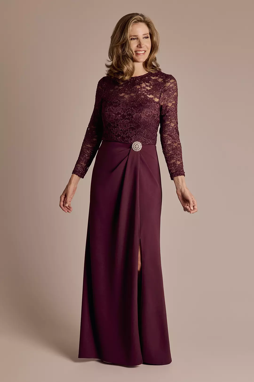 Long-Sleeve Lace and Crepe Soft A-Line Dress - Image 11