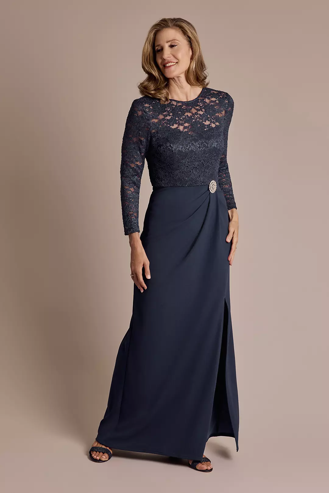 Long-Sleeve Lace and Crepe Soft A-Line Dress - Image 22