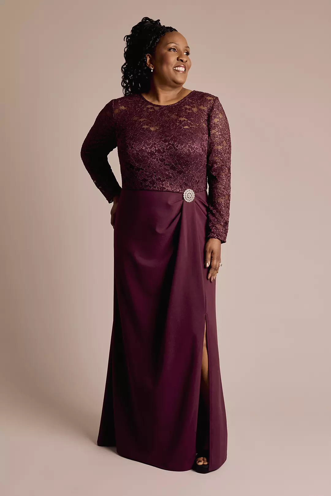 Long-Sleeve Lace and Crepe Soft A-Line Dress - Image 6