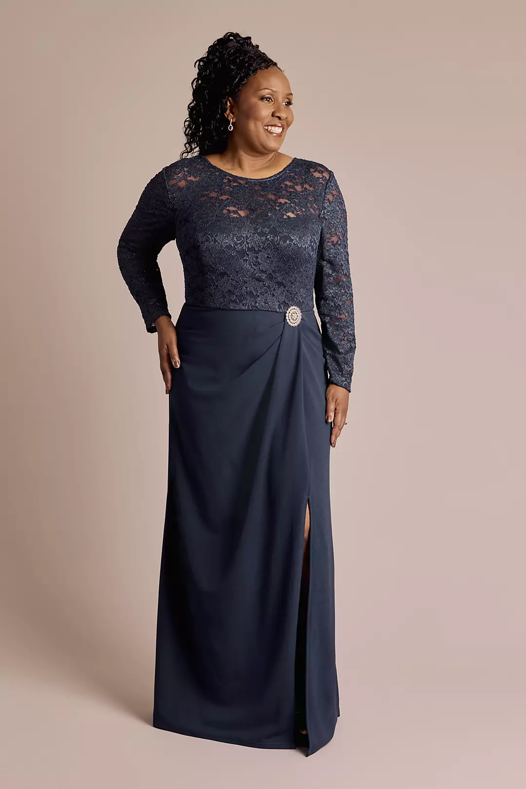 Long-Sleeve Lace and Crepe Soft A-Line Dress - Image 8