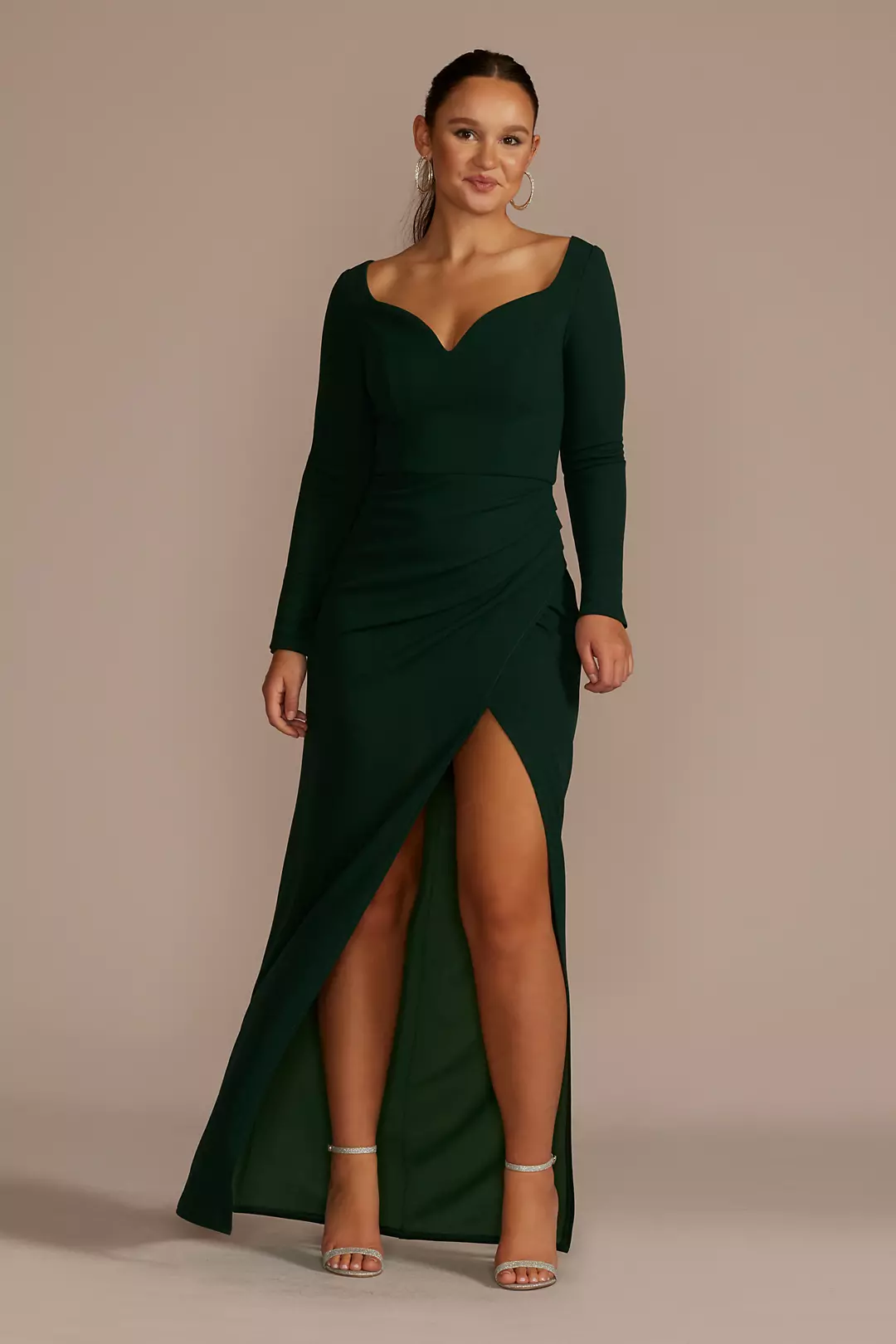 Long Sleeve Sweetheart Crepe Dress with Slit - Image 3