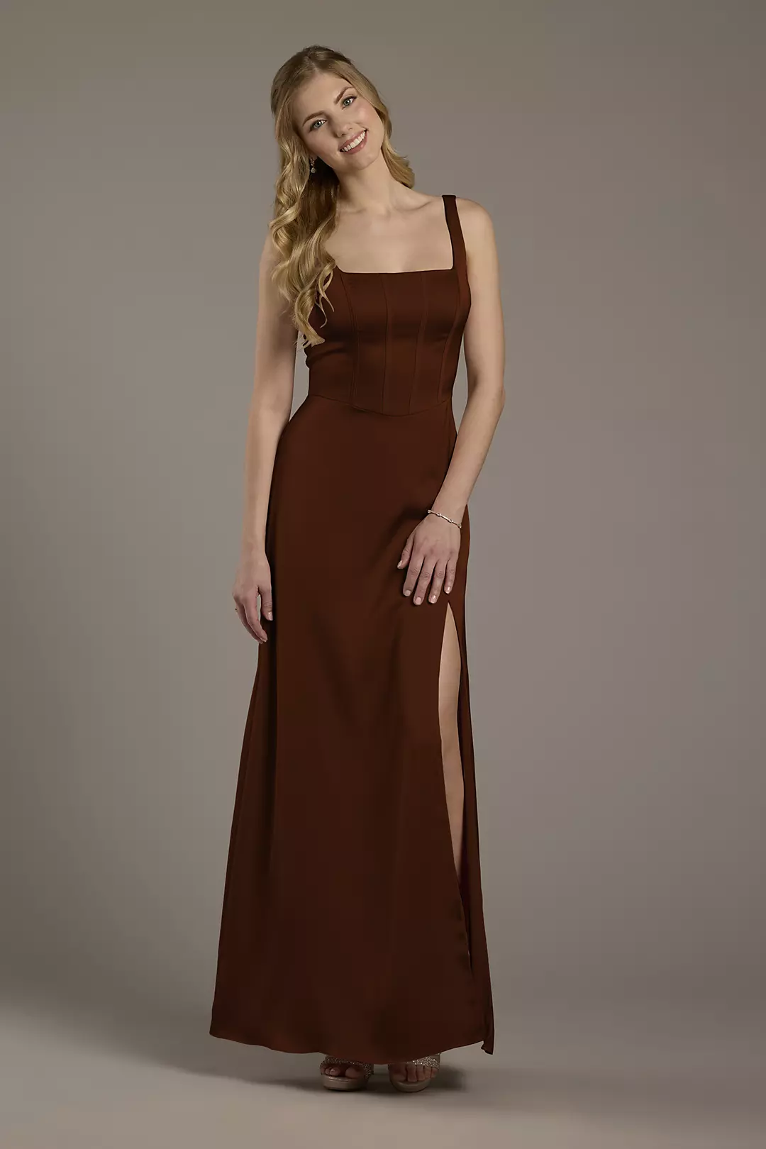 Matte Satin Corset Bodice Square Neck A-Line Dress - Image 114