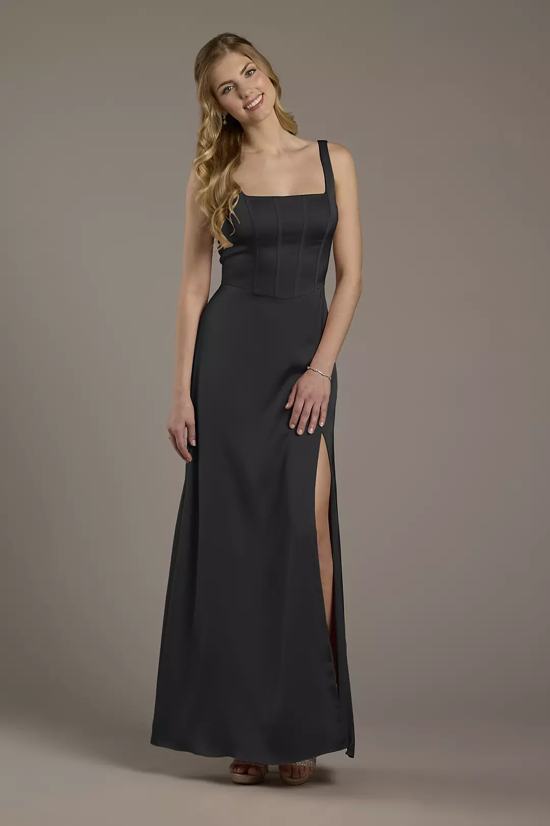 Matte Satin Corset Bodice Square Neck A-Line Dress - Image 119