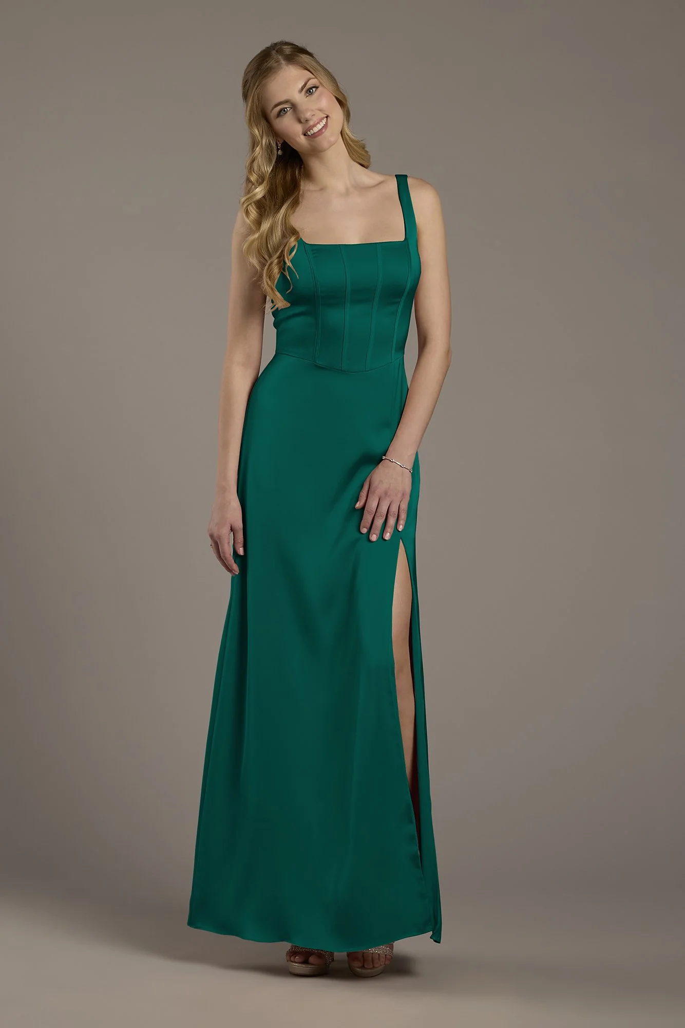 Matte Satin Corset Bodice Square Neck A-Line Dress - Image 14