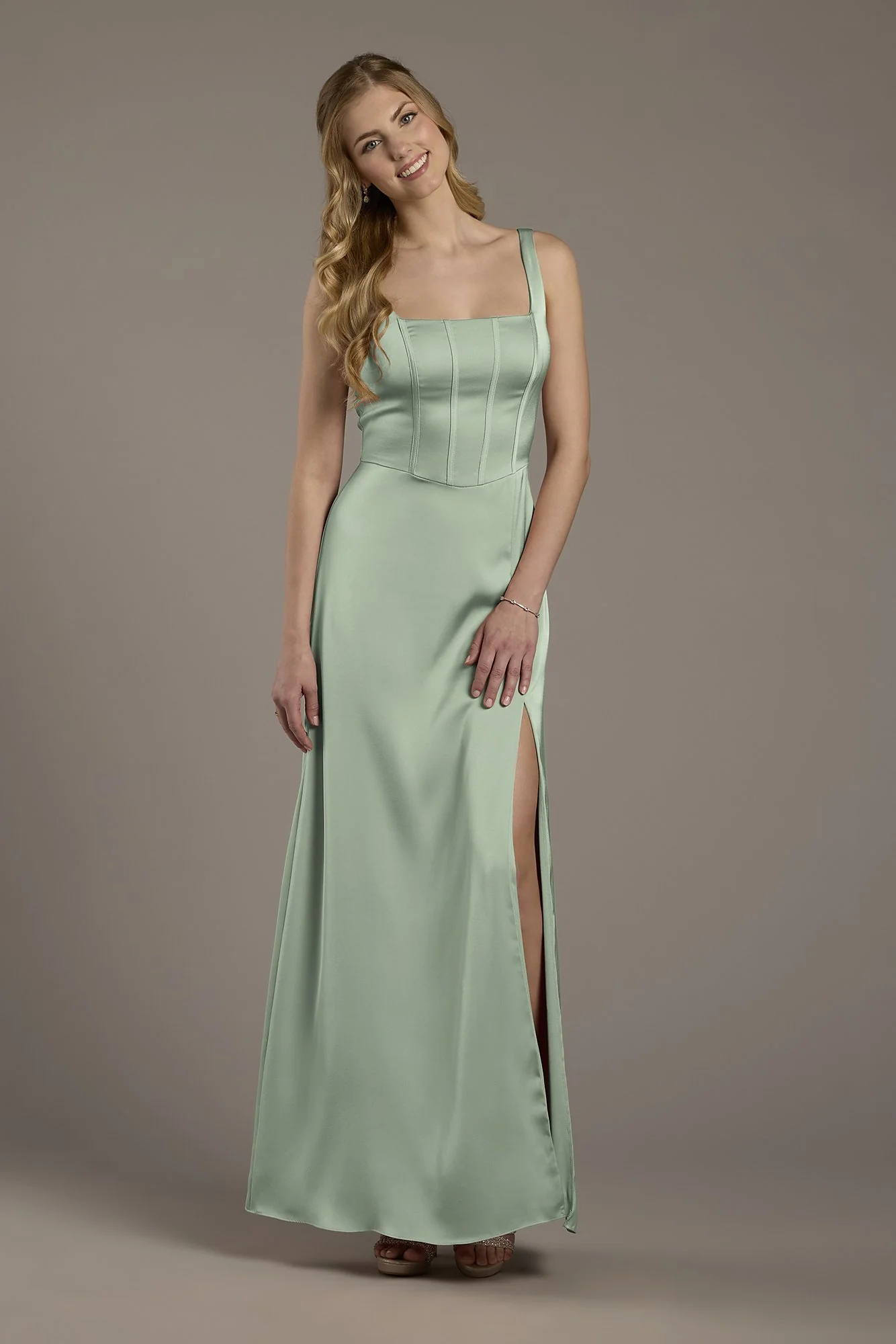 Matte Satin Corset Bodice Square Neck A-Line Dress - Image 16