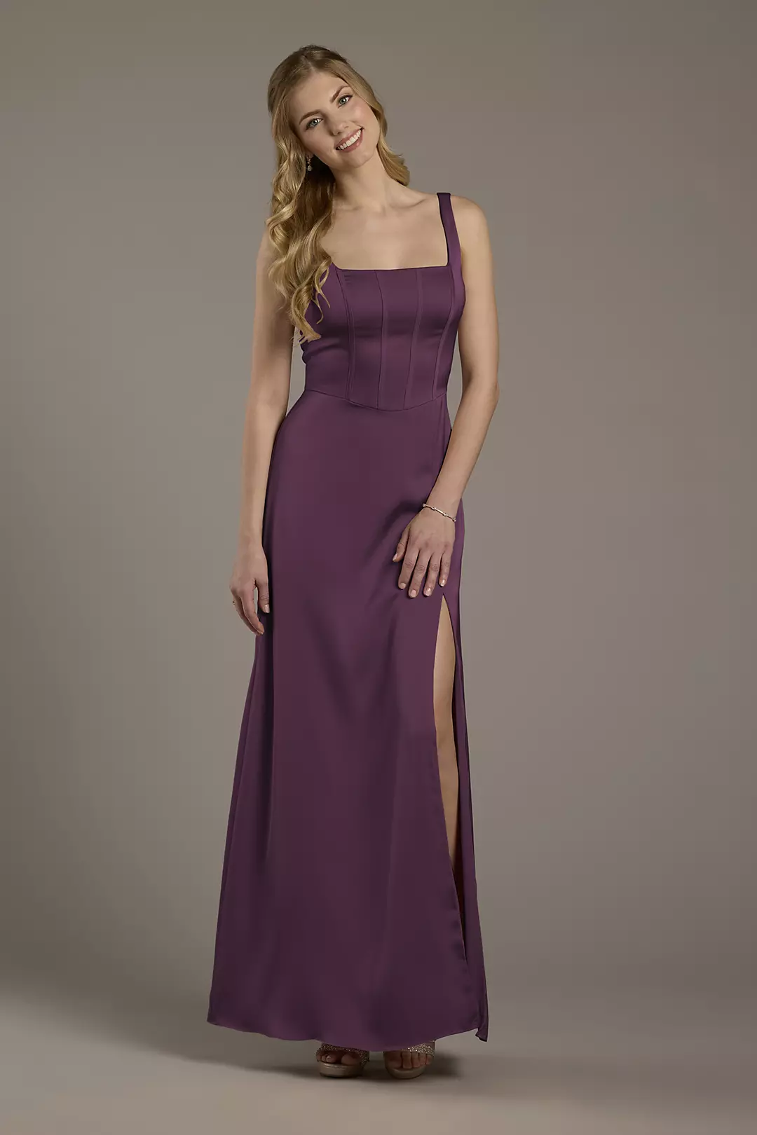 Matte Satin Corset Bodice Square Neck A-Line Dress - Image 24