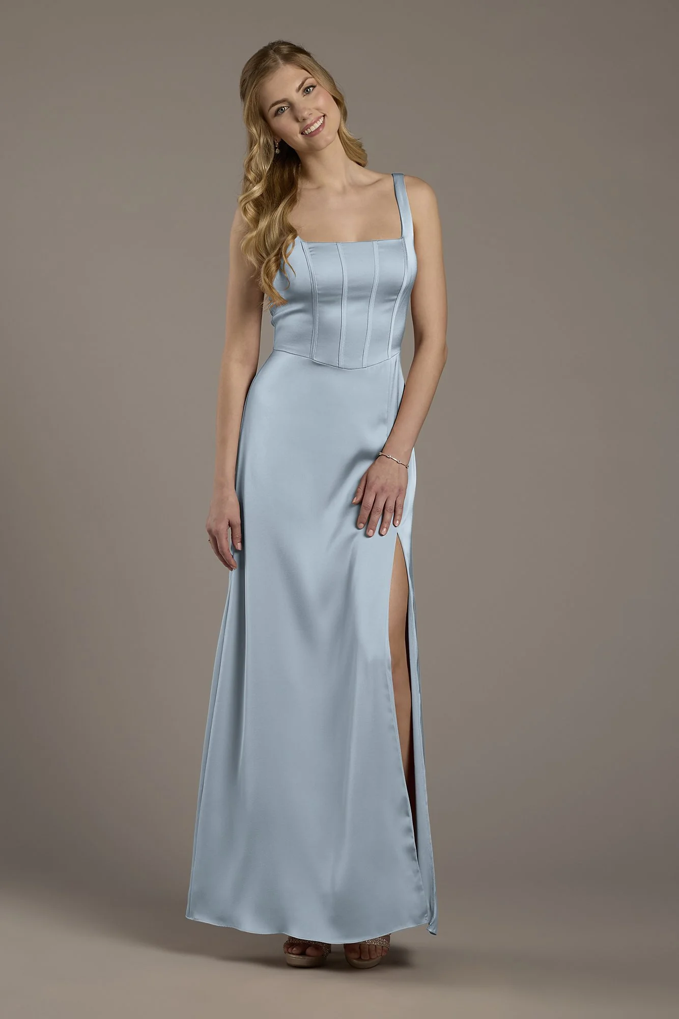 Matte Satin Corset Bodice Square Neck A-Line Dress - Image 3