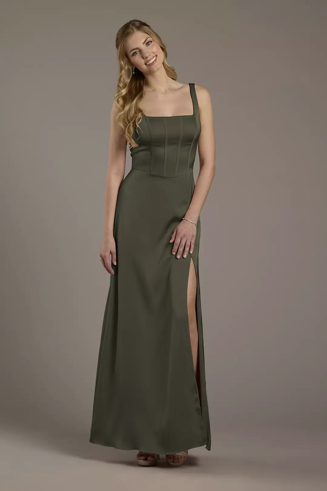 Matte Satin Corset Bodice Square Neck A-Line Dress - Image 31