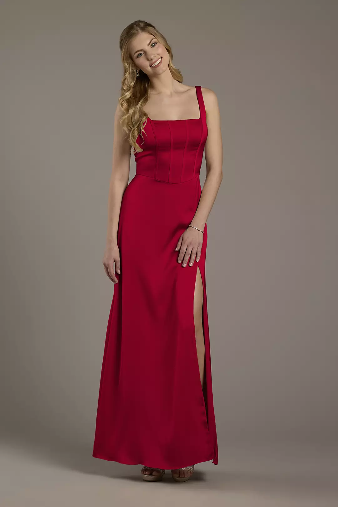 Matte Satin Corset Bodice Square Neck A-Line Dress - Image 32