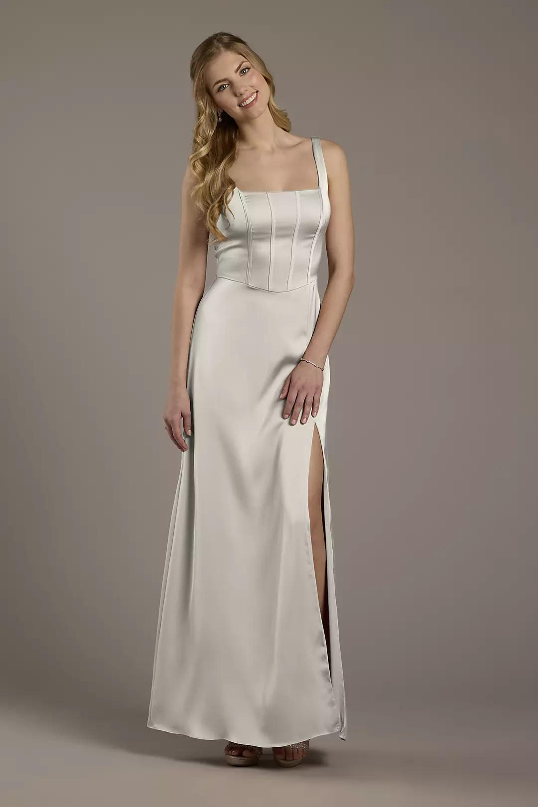 Matte Satin Corset Bodice Square Neck A-Line Dress - Image 34