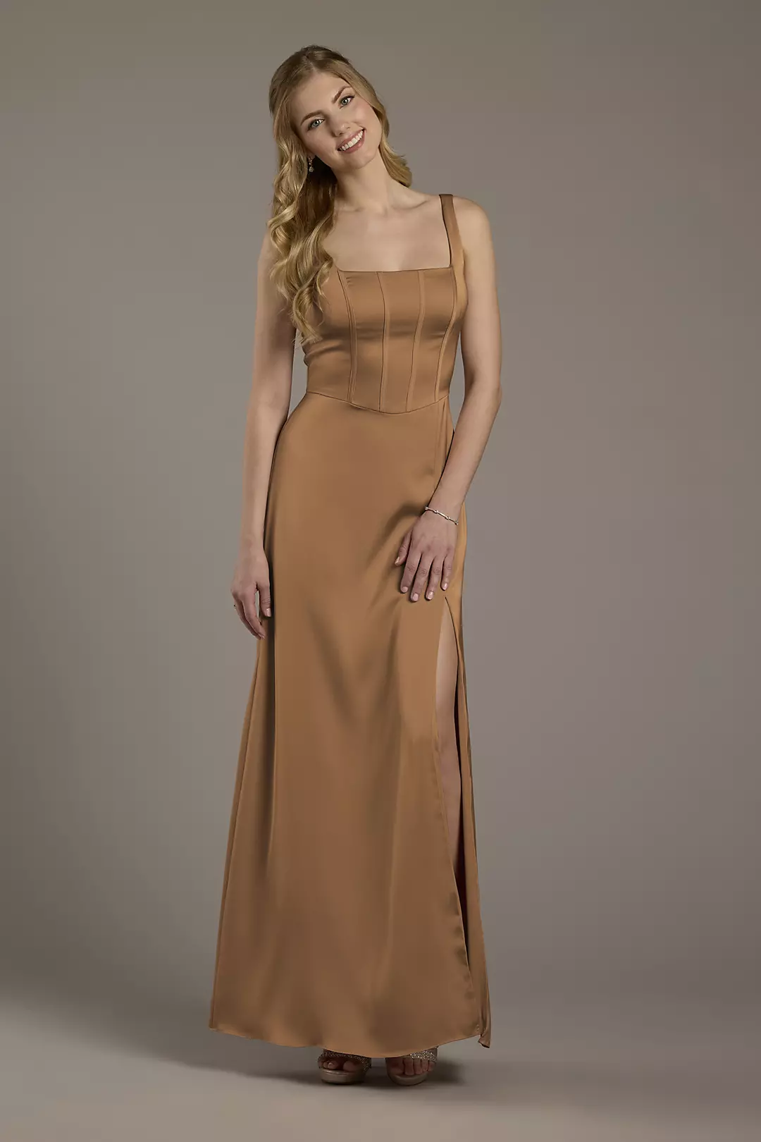 Matte Satin Corset Bodice Square Neck A-Line Dress - Image 38