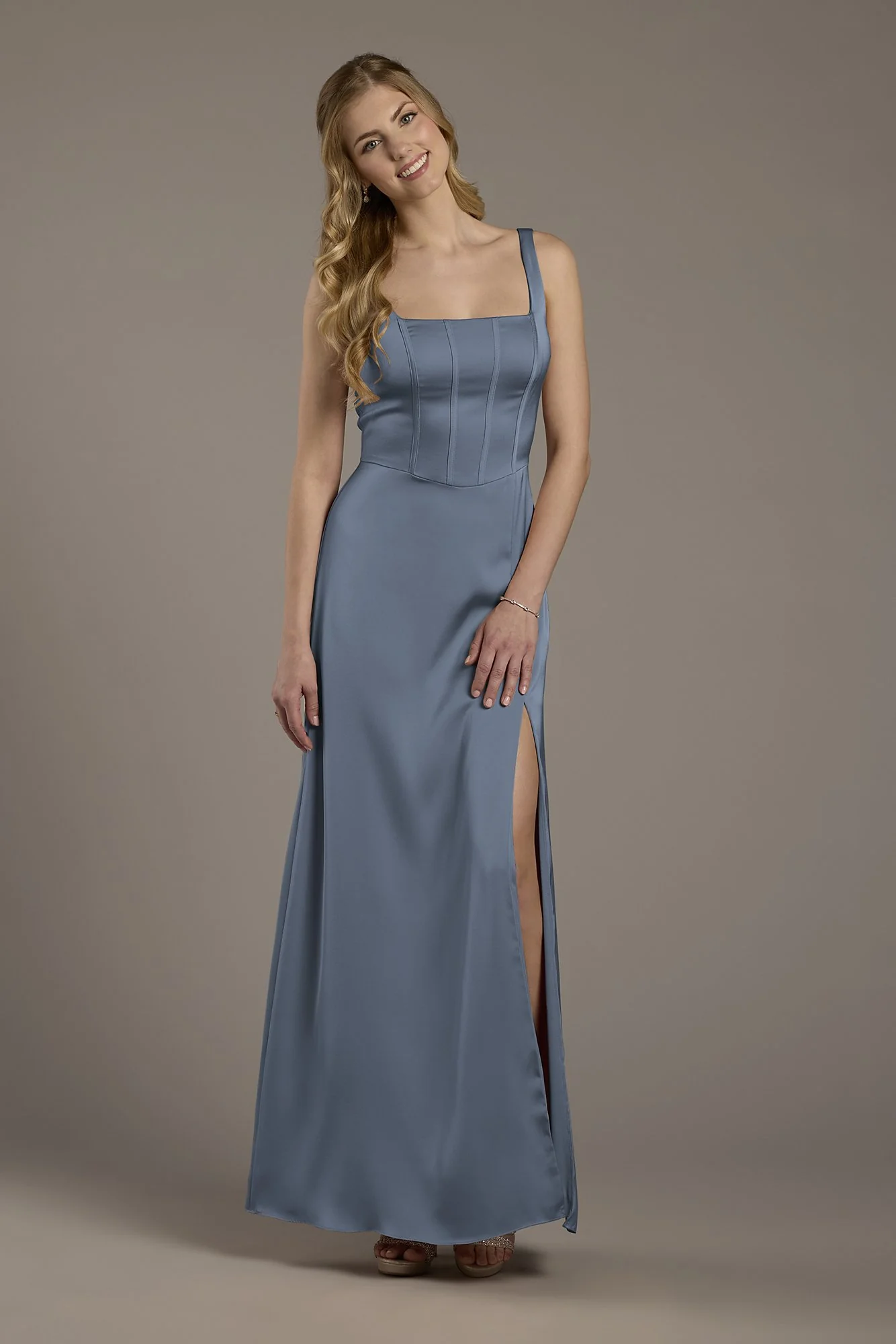 Matte Satin Corset Bodice Square Neck A-Line Dress - Image 4