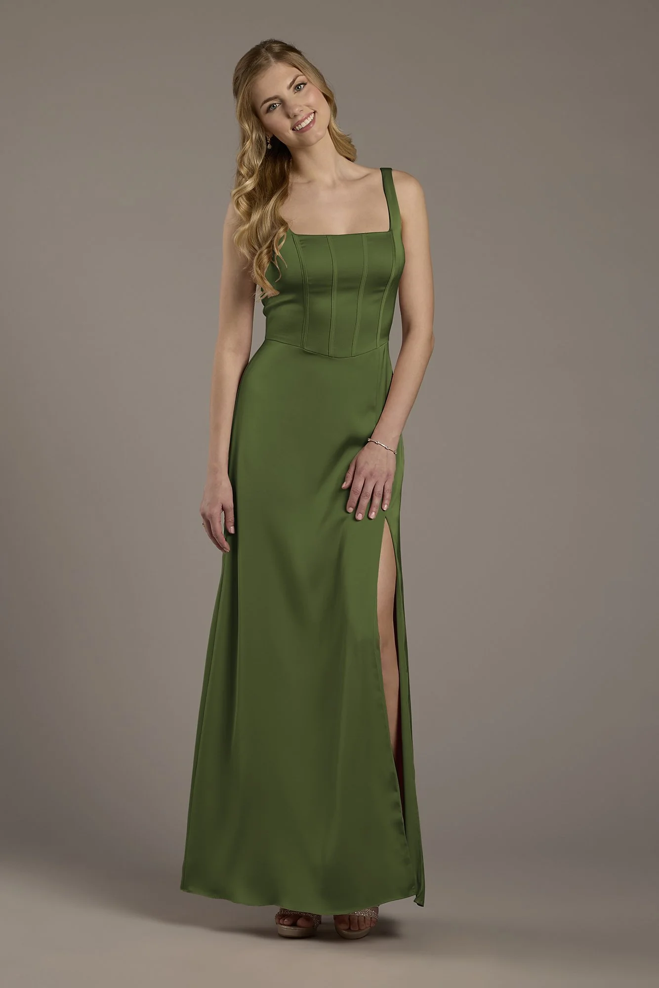 Matte Satin Corset Bodice Square Neck A-Line Dress - Image 5