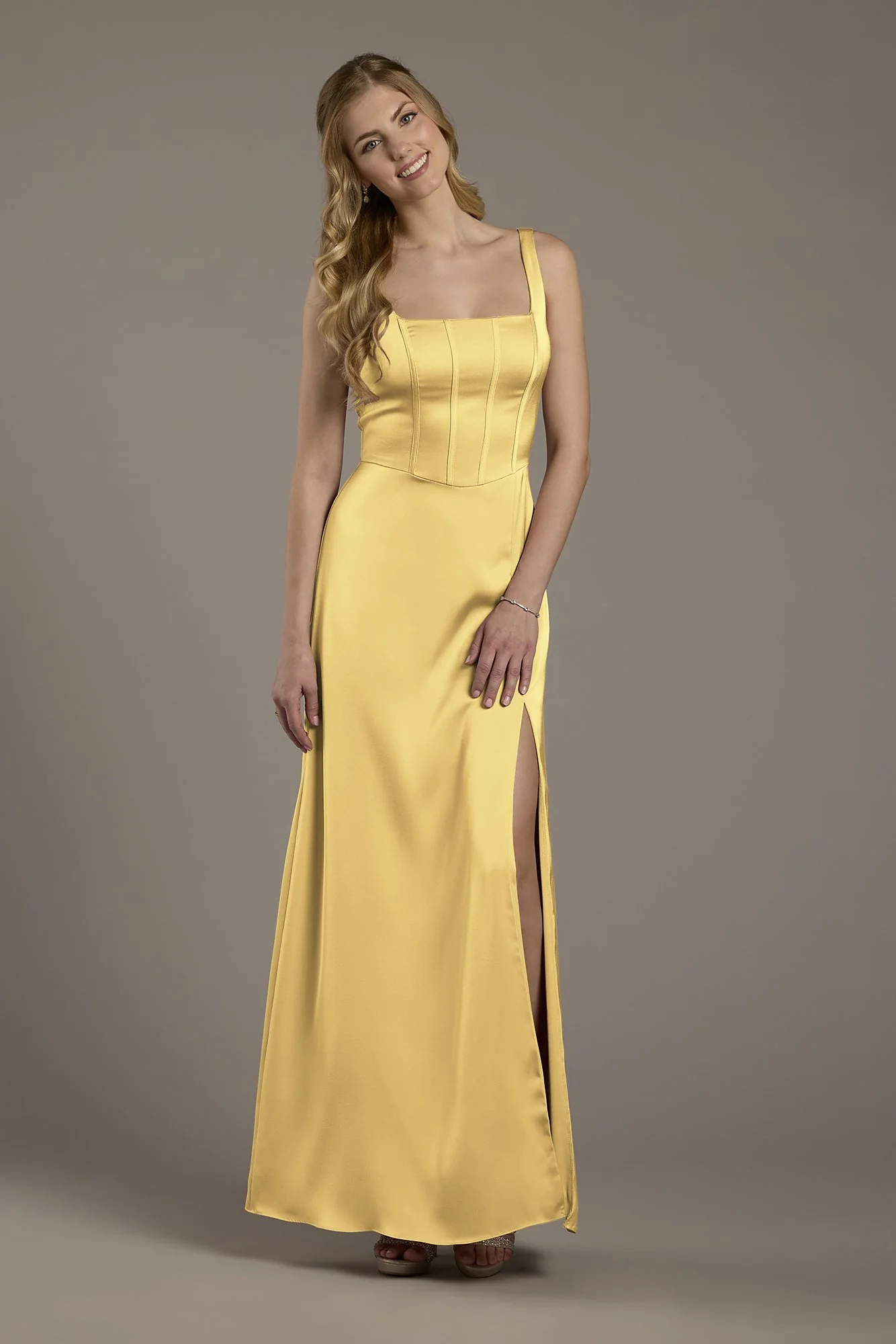 Matte Satin Corset Bodice Square Neck A-Line Dress - Image 7