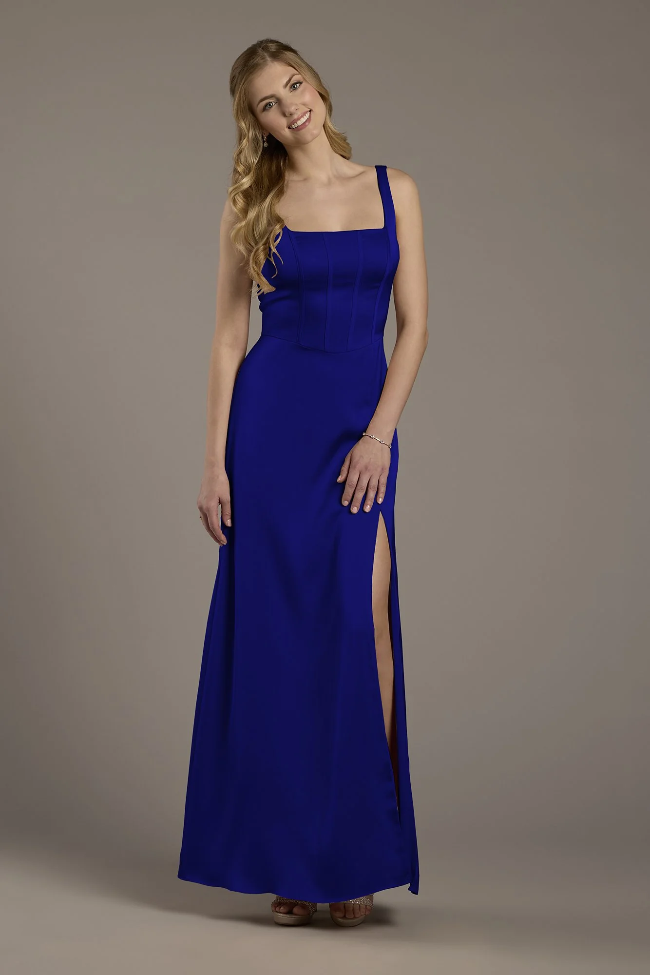 Matte Satin Corset Bodice Square Neck A-Line Dress - Image 8