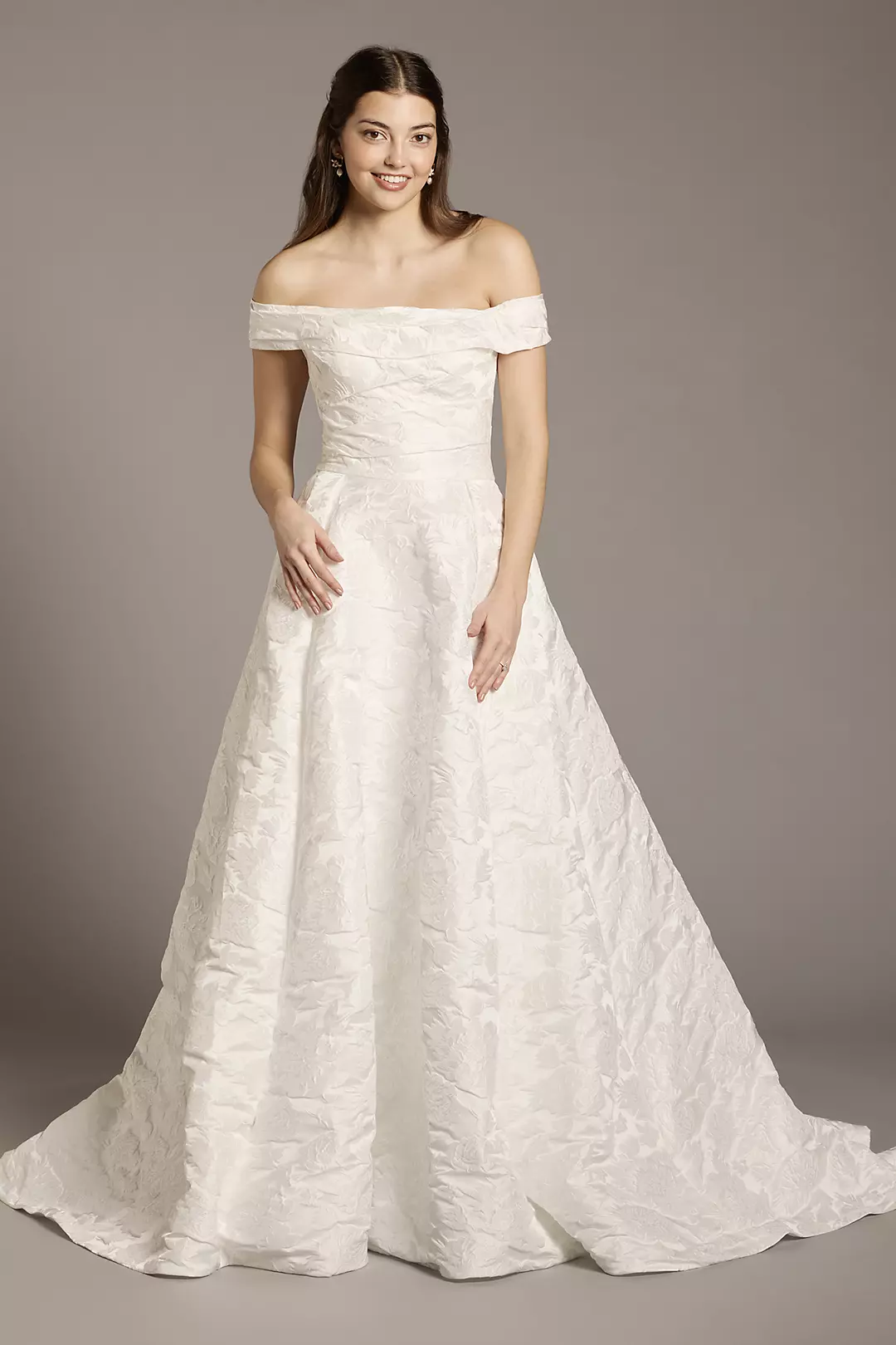 Off-the-Shoulder Jacquard Ball Gown Wedding Dress - Image 5