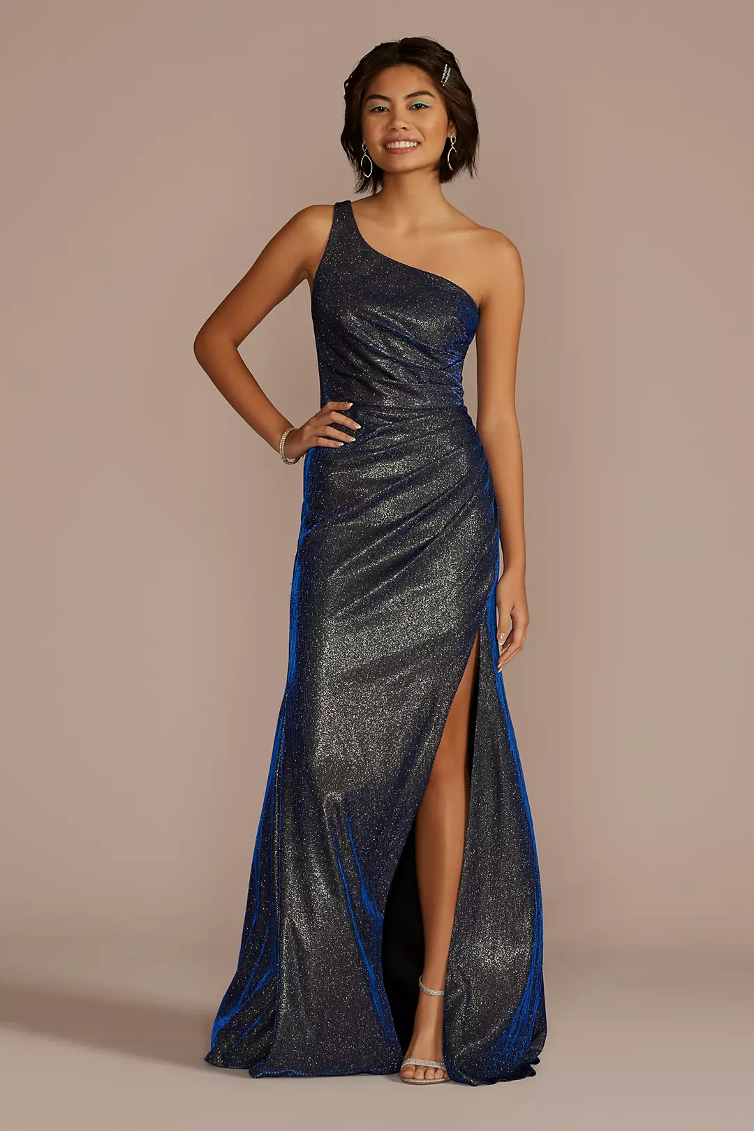 One-Shoulder Glitter Metallic Pleated Dress - Image 5