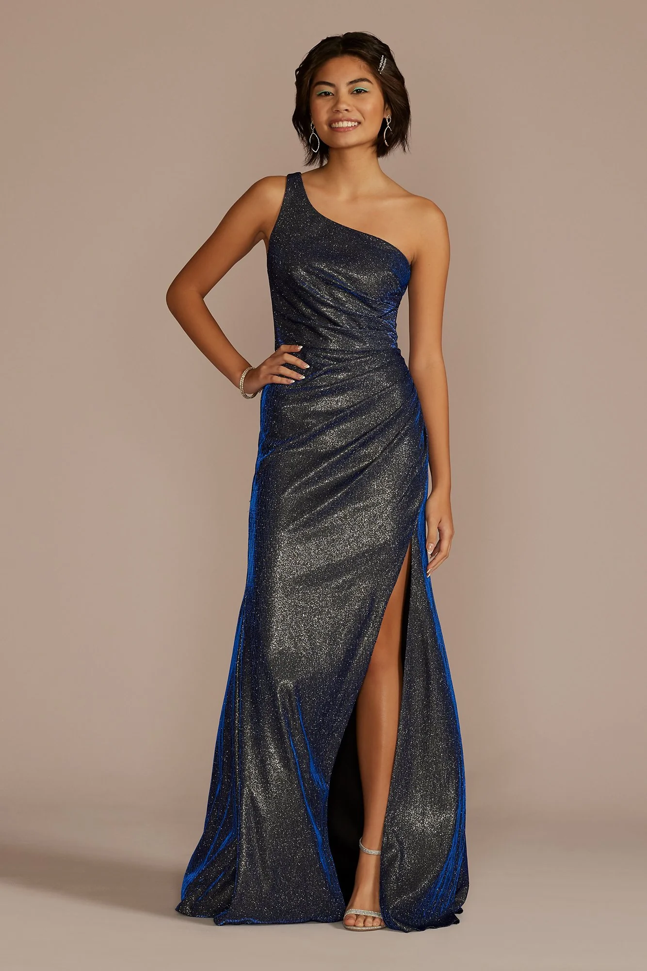One-Shoulder Glitter Metallic Pleated Dress - Image 6