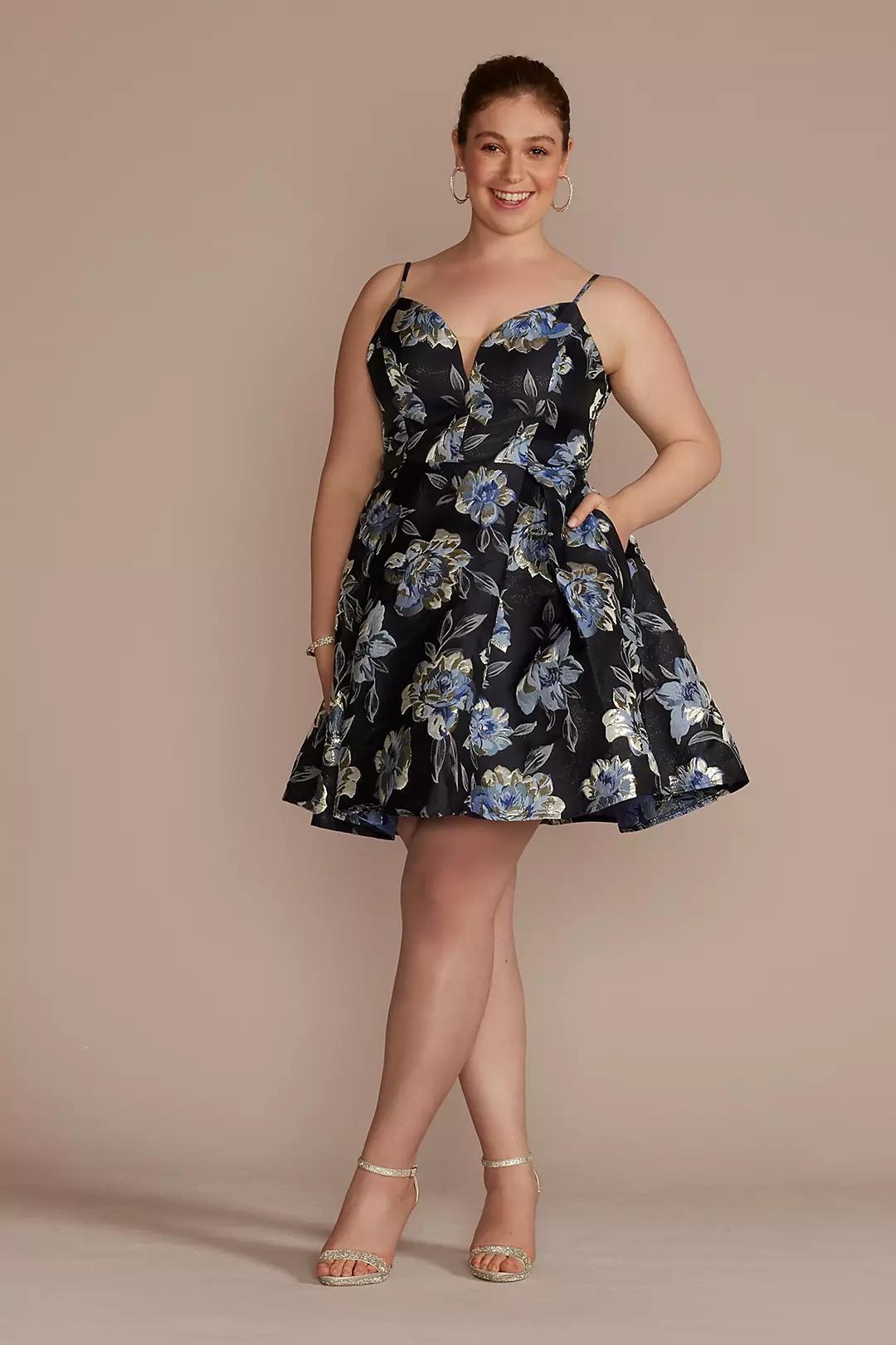 Plunging Metallic Floral Brocade A-Line Dress - Image 3