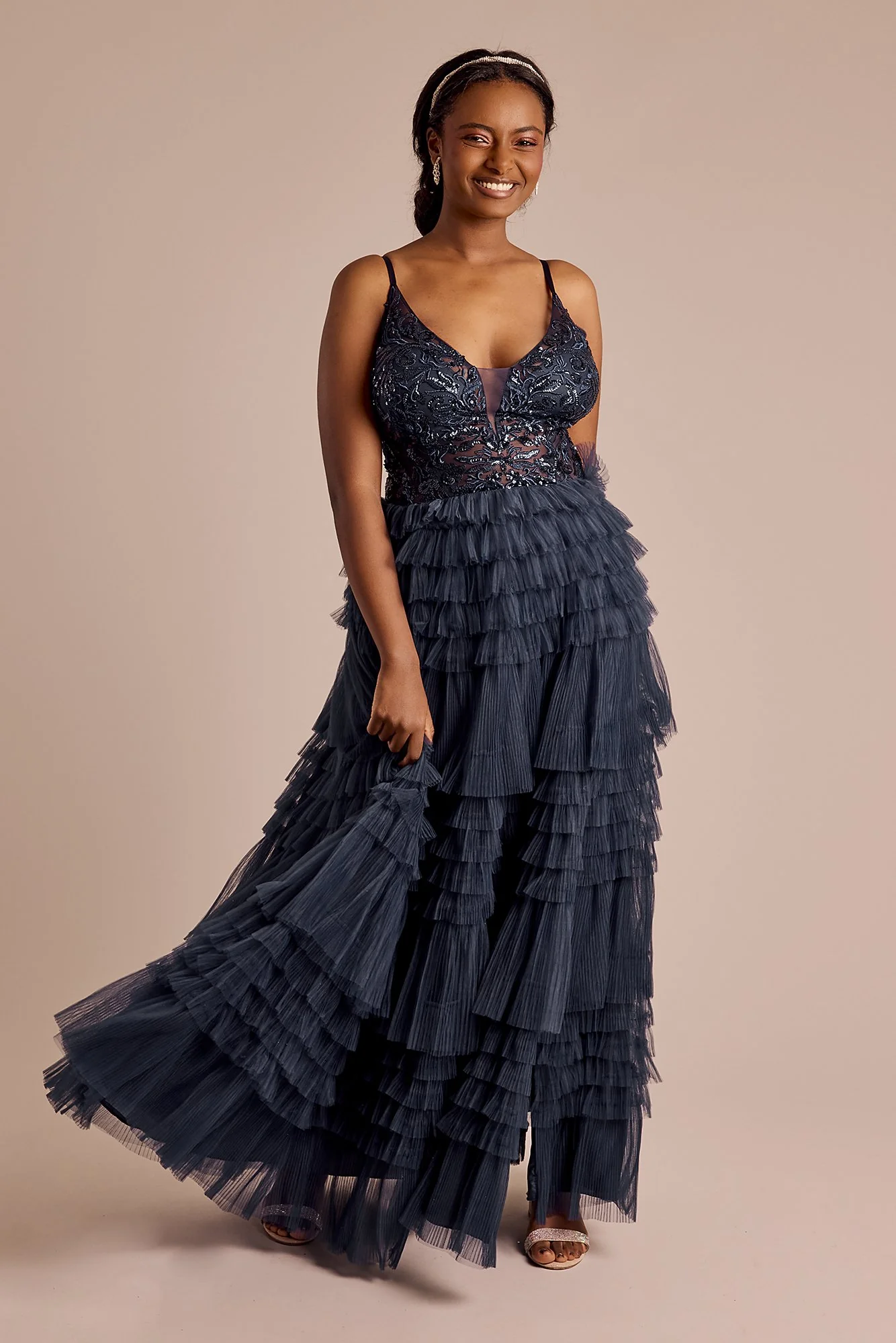 Plunging Neckline Ruffled Tulle Ball Gown - Image 3