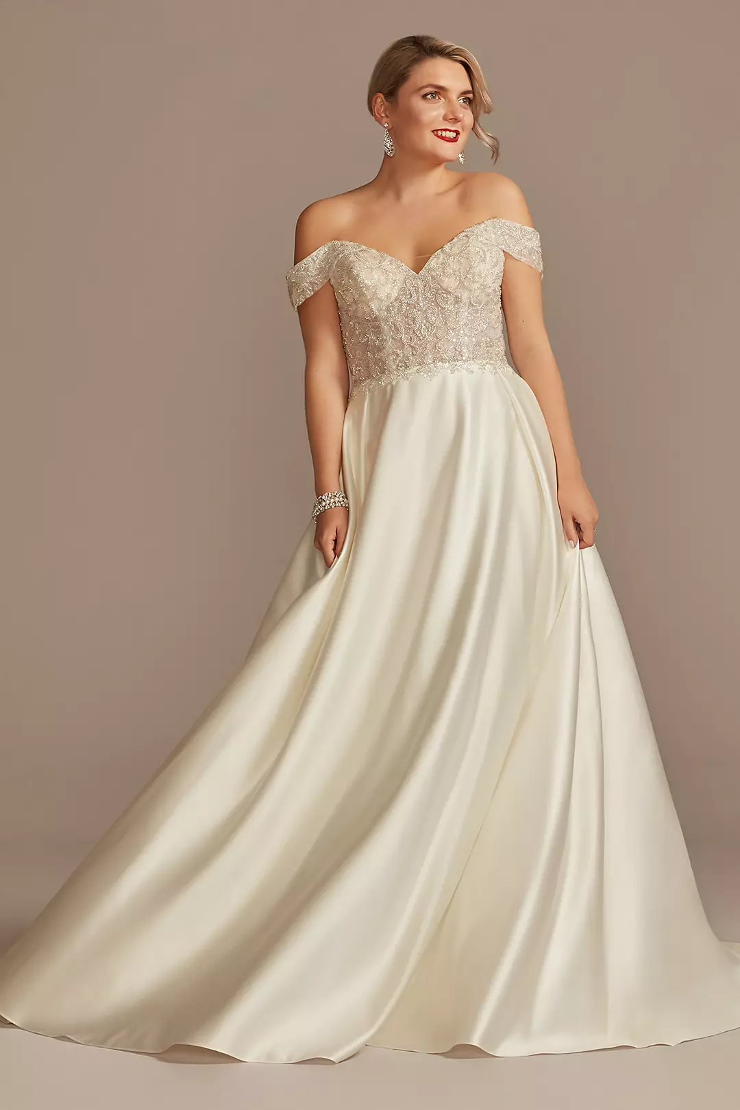 Off Shoulder Beaded Satin Wedding Dress - Image 11