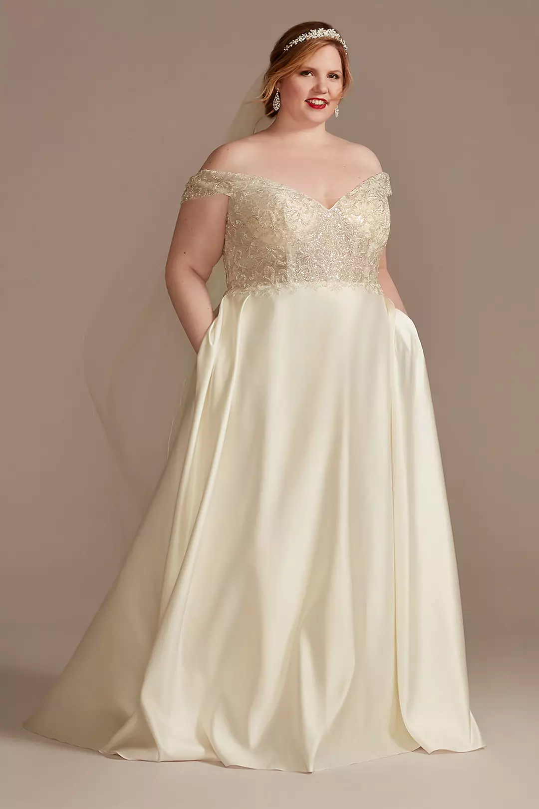 Off Shoulder Beaded Satin Wedding Dress - Image 12