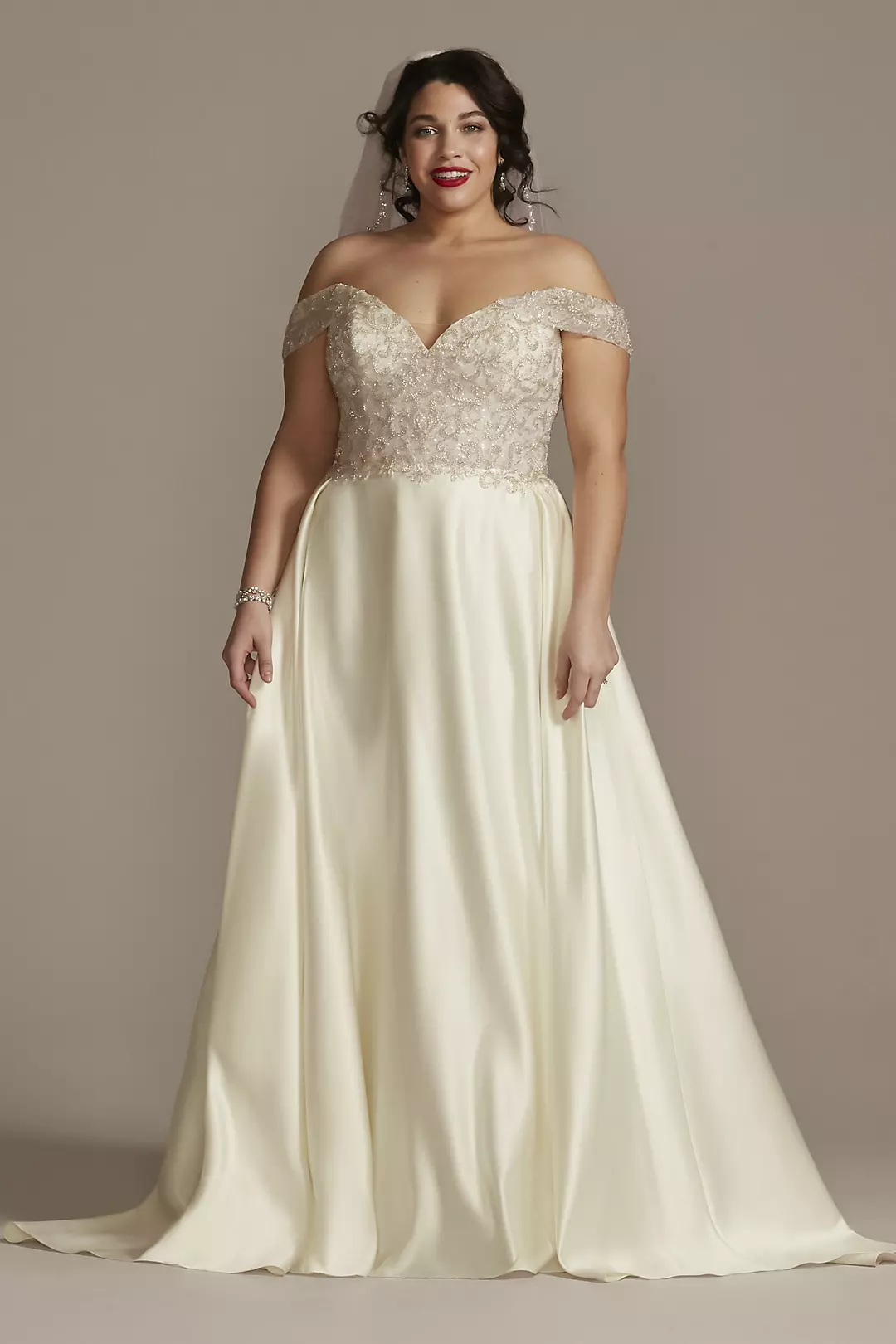 Off Shoulder Beaded Satin Wedding Dress - Image 23
