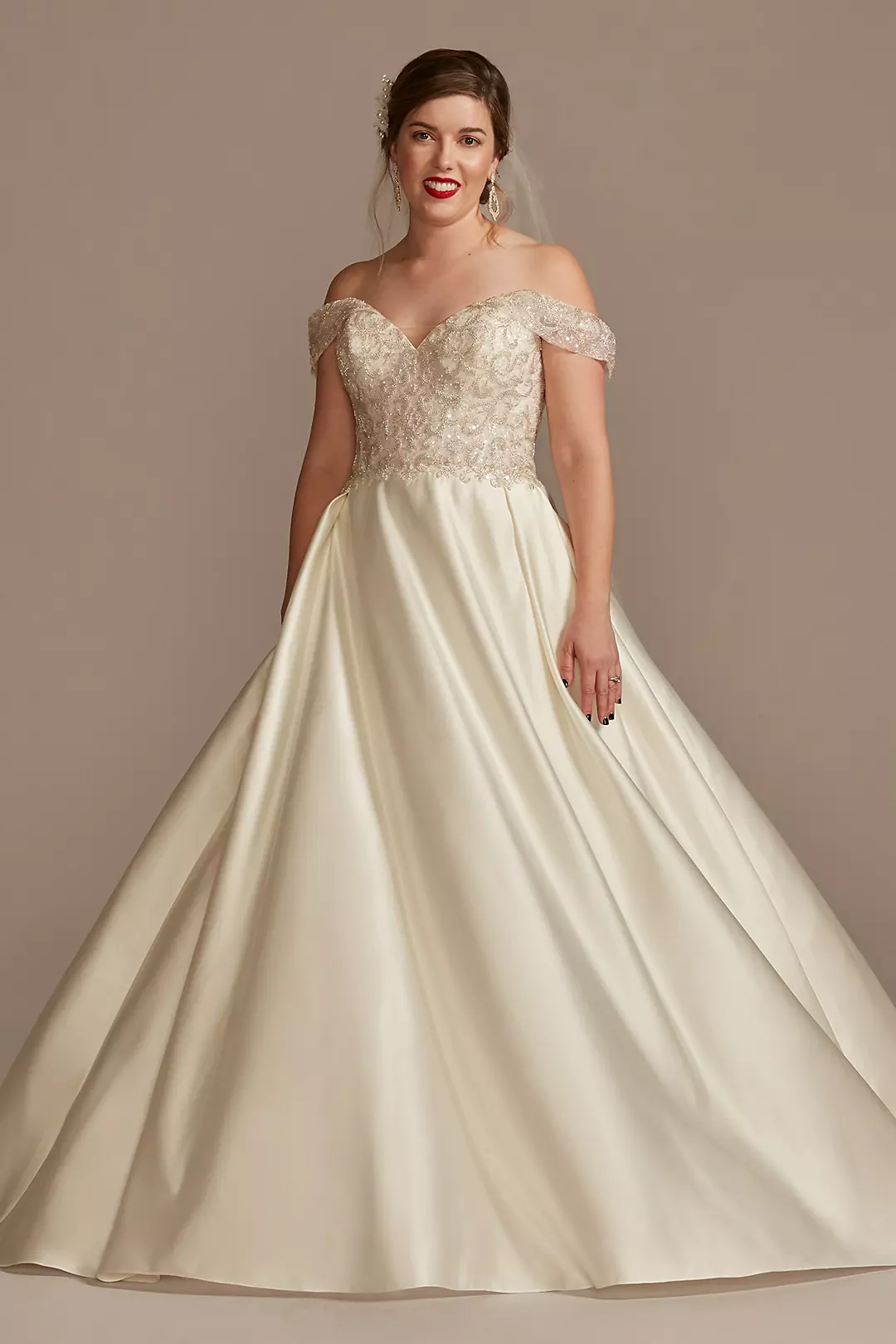 Off Shoulder Beaded Satin Wedding Dress - Image 7