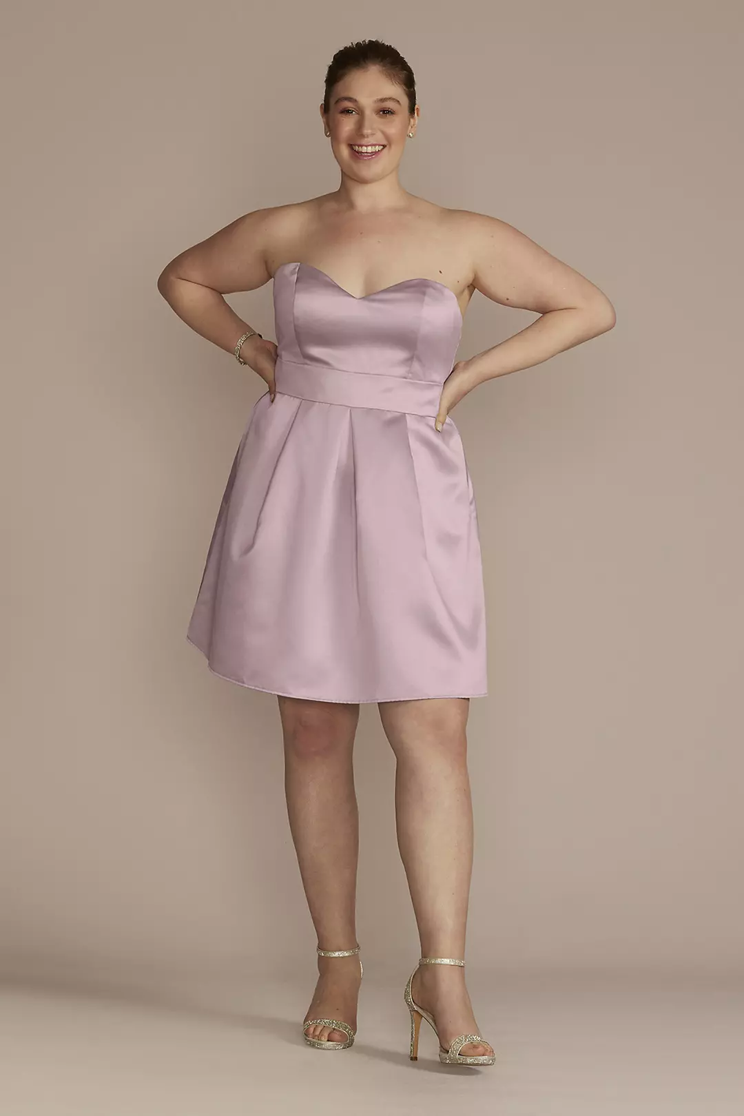 Short Strapless Satin A-line Dress with Bow - Image 3