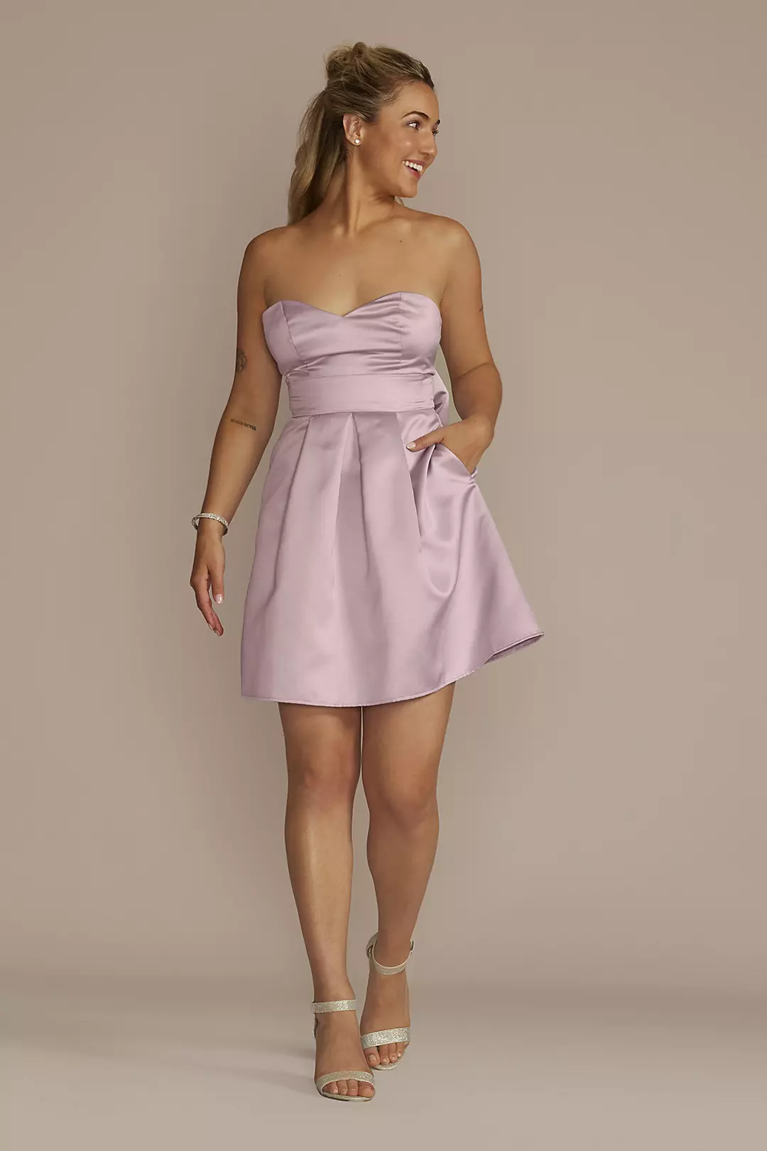 Short Strapless Satin A-line Dress with Bow - Image 4