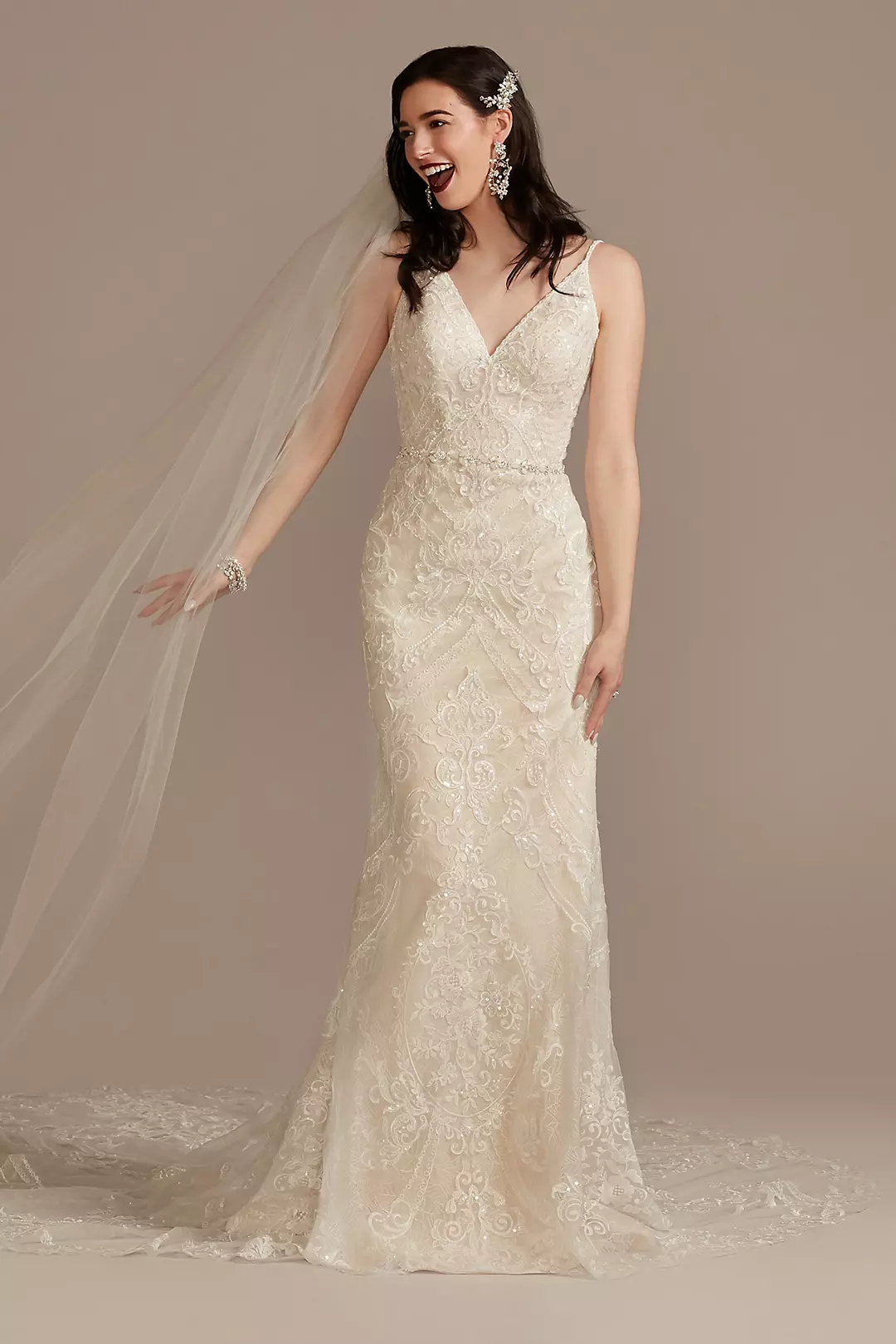 Strappy Beaded Applique Tulle Sheath Wedding Dress - Image 12