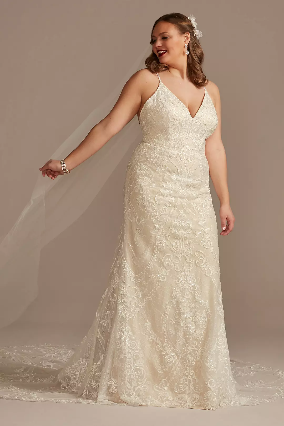 Strappy Beaded Applique Tulle Sheath Wedding Dress - Image 26