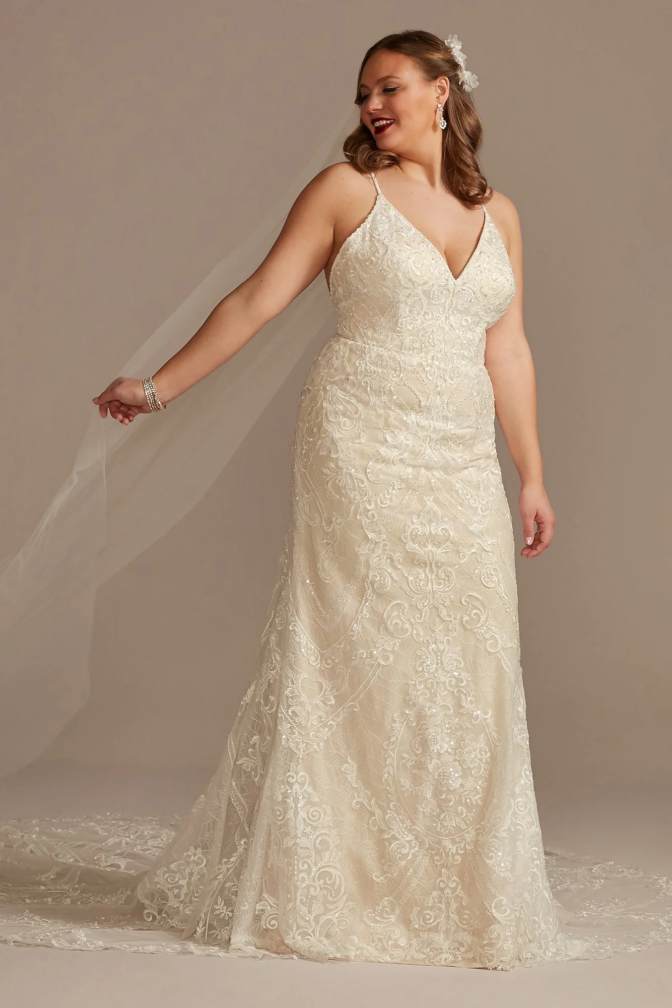 Strappy Beaded Applique Tulle Sheath Wedding Dress - Image 4