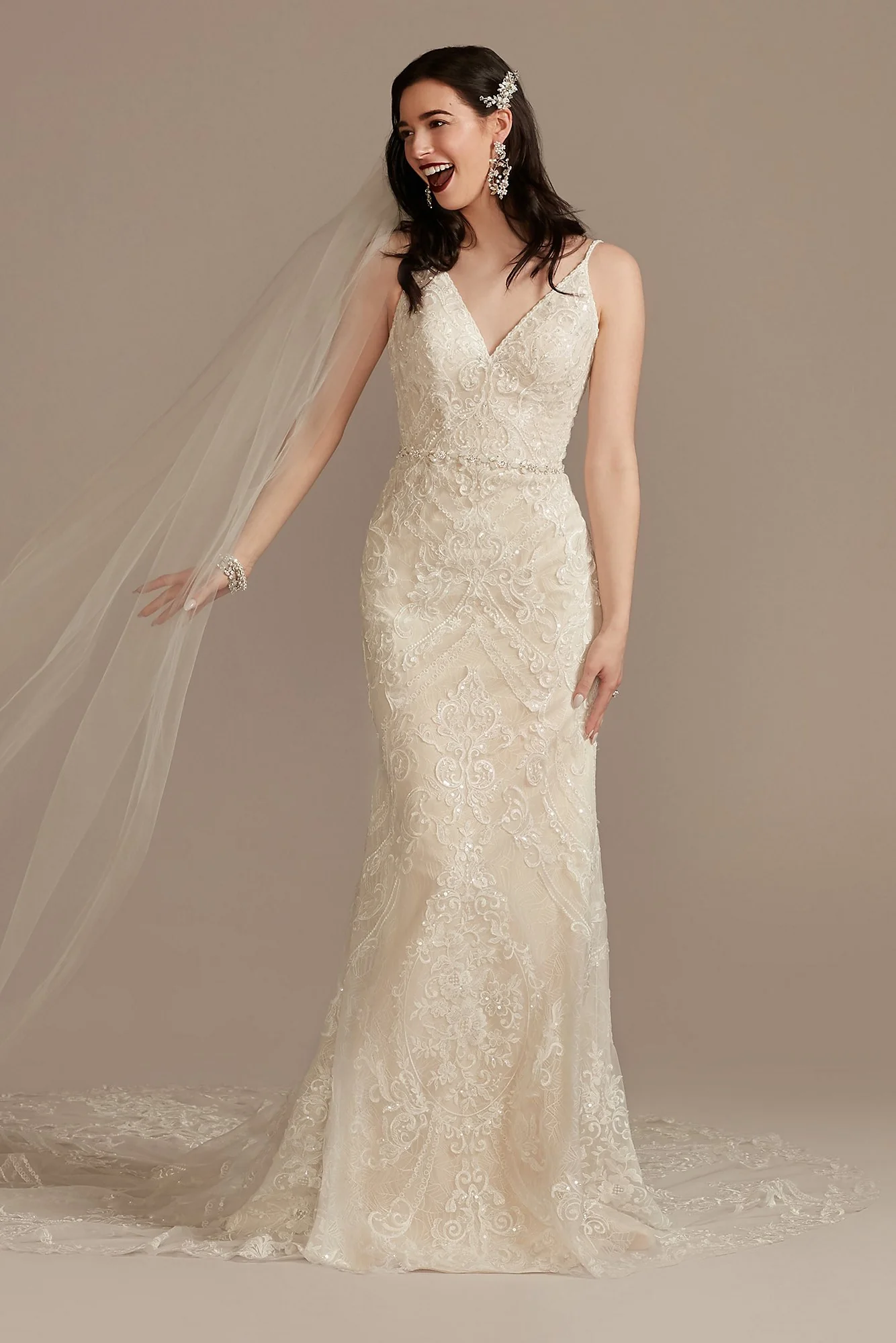 Strappy Beaded Applique Tulle Sheath Wedding Dress - Image 9