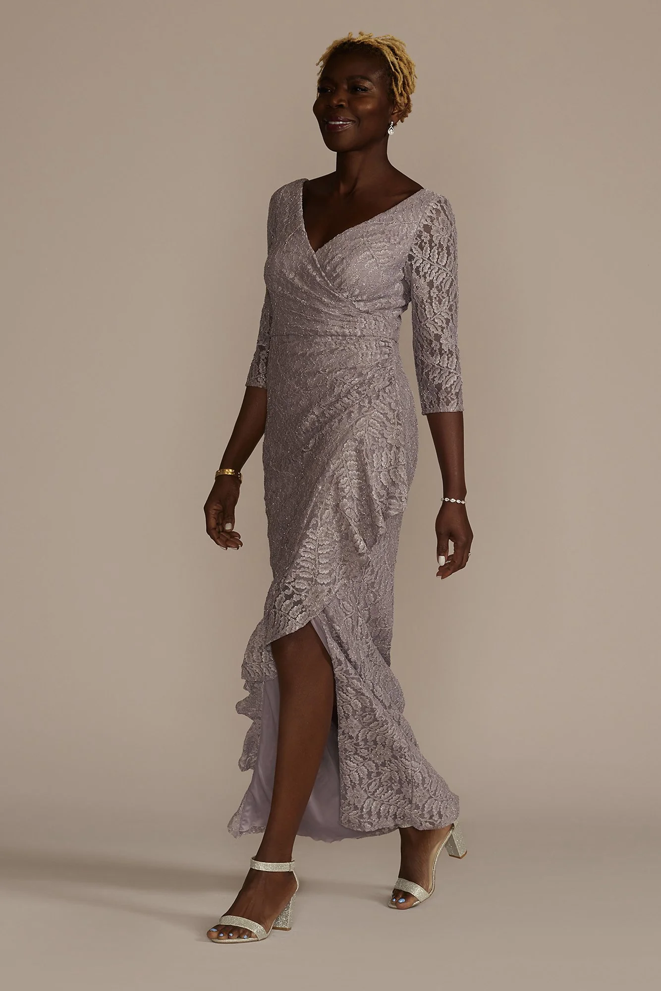 Three-Quarter Sleeve Glitter Lace Ruffle Sheath - Image 3